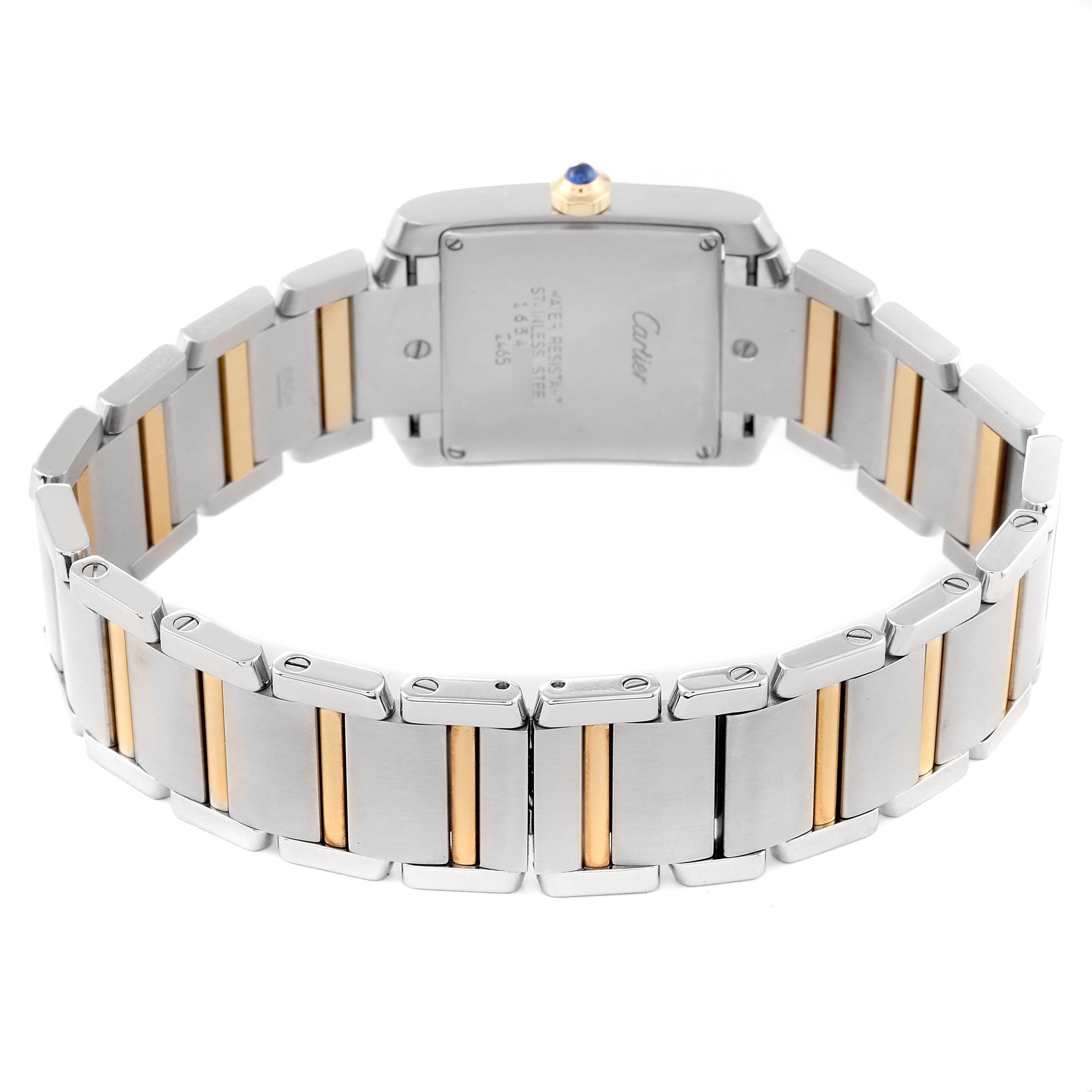 The image shows the back and bracelet of a Cartier Tank Francaise W51012Q4 Women
s Steel and Gold (two tone) Silver Dial W51012Q4 Women
s Steel and Gold (two tone) Silver Dial watch, highlighting its stainless steel and gold design.