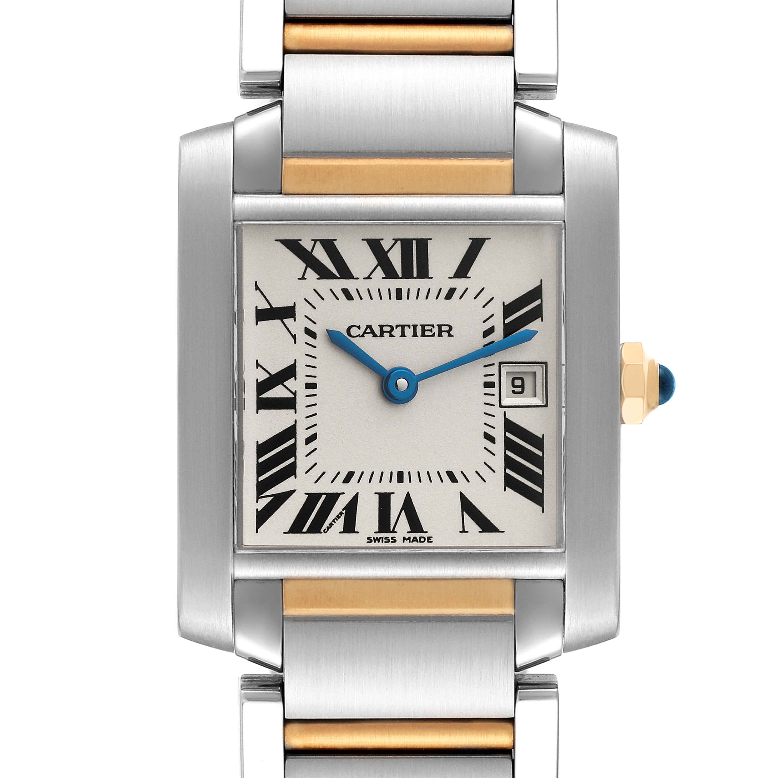 This image shows a front view of the Tank Francaise model by Cartier, highlighting the face, bracelet, and crown.