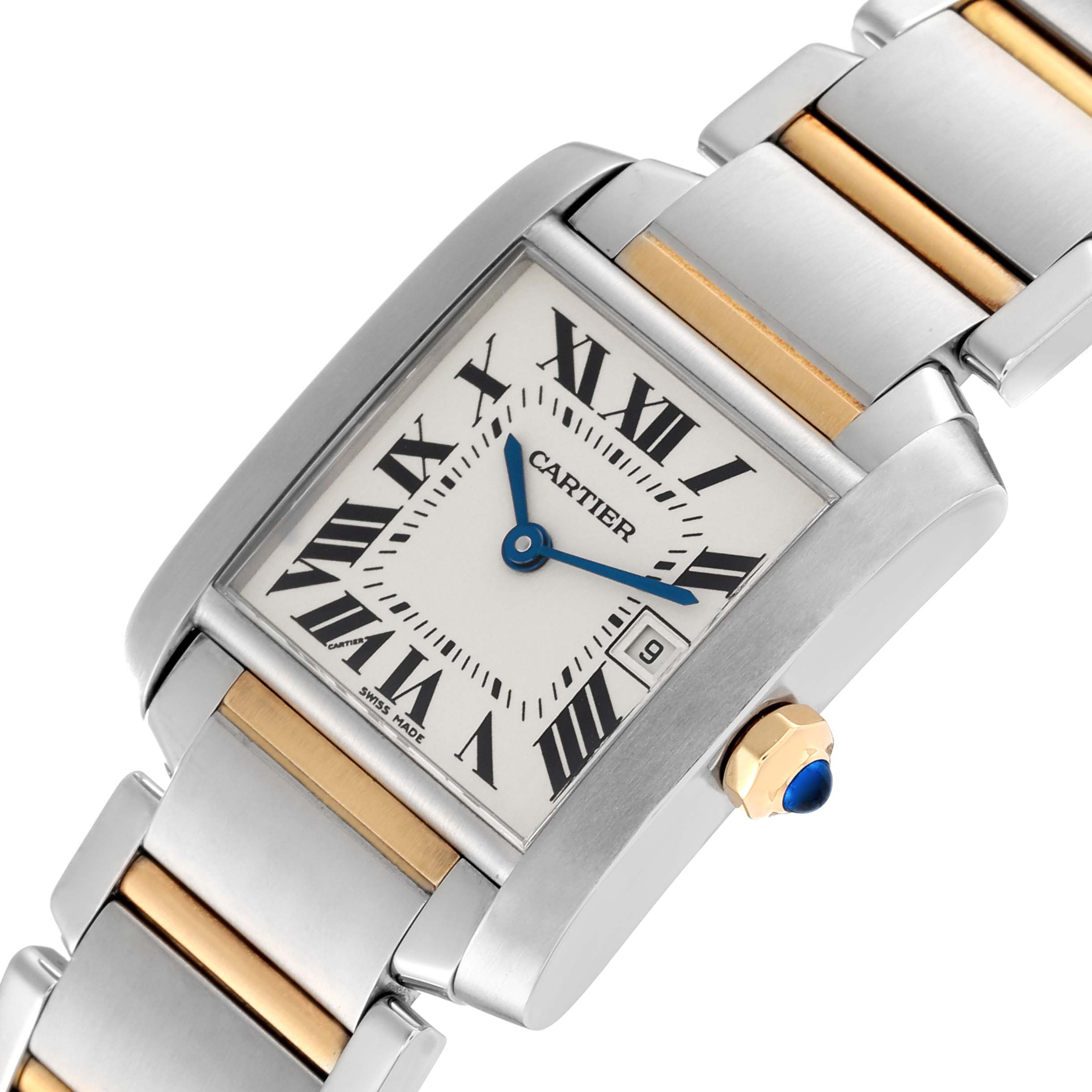 This image shows a close-up angled view of the Cartier Tank Française watch, highlighting the dial, hands, and bracelet.
