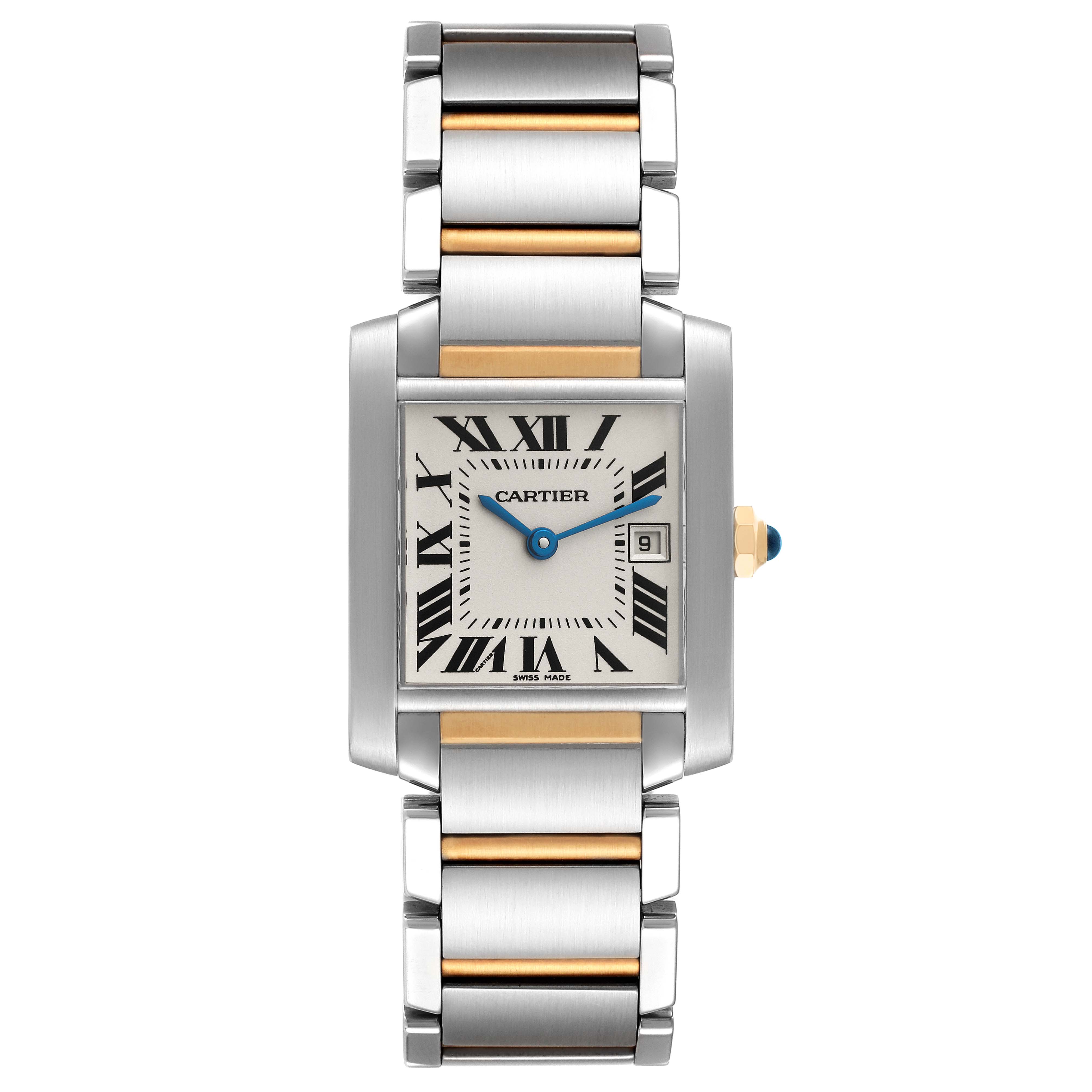 The image shows a Tank Francaise watch by Cartier from a straight-on angle, highlighting its face, case, and metal bracelet.