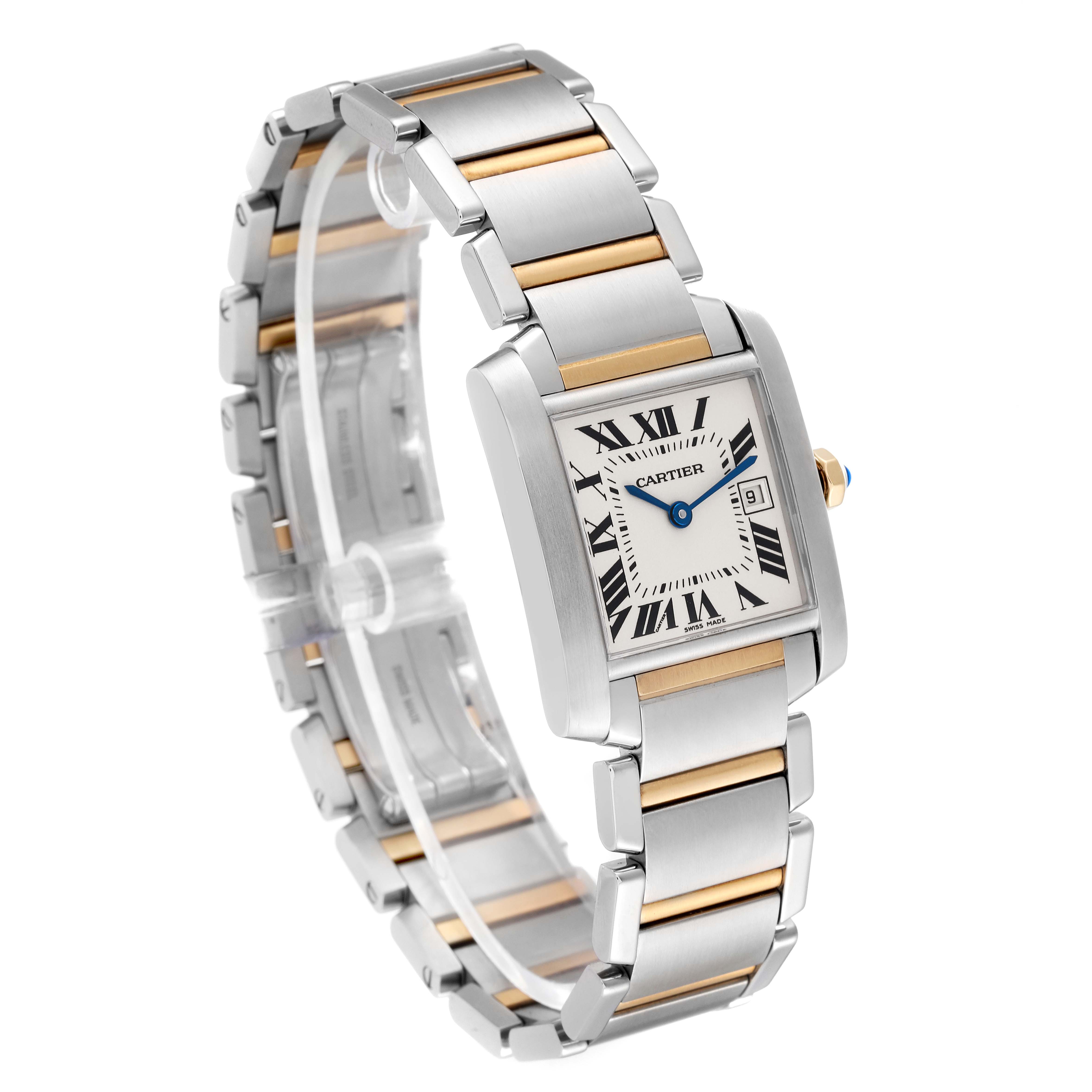 The image shows a Cartier Tank Francaise W51012Q4 Women
s Steel and Gold (two tone) Silver Dial W51012Q4 Women
s Steel and Gold (two tone) Silver Dial watch at a three-quarter angle, highlighting its face, bracelet, and side.