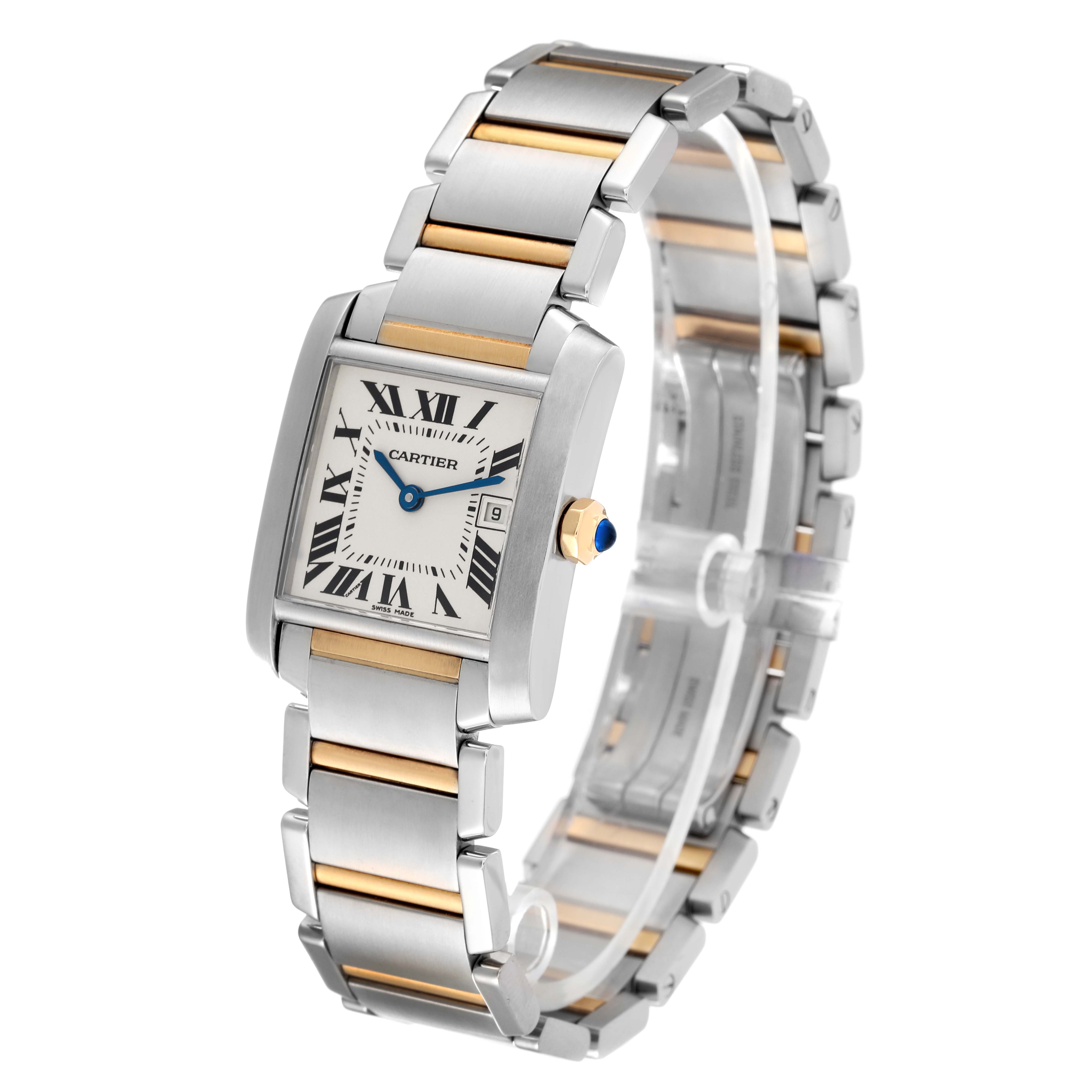 The image shows a Cartier Tank Francaise W51012Q4 Women
s Steel and Gold (two tone) Silver Dial W51012Q4 Women
s Steel and Gold (two tone) Silver Dial watch at a three-quarter angle, highlighting its two-tone bracelet, rectangular face, and gemstone crown.