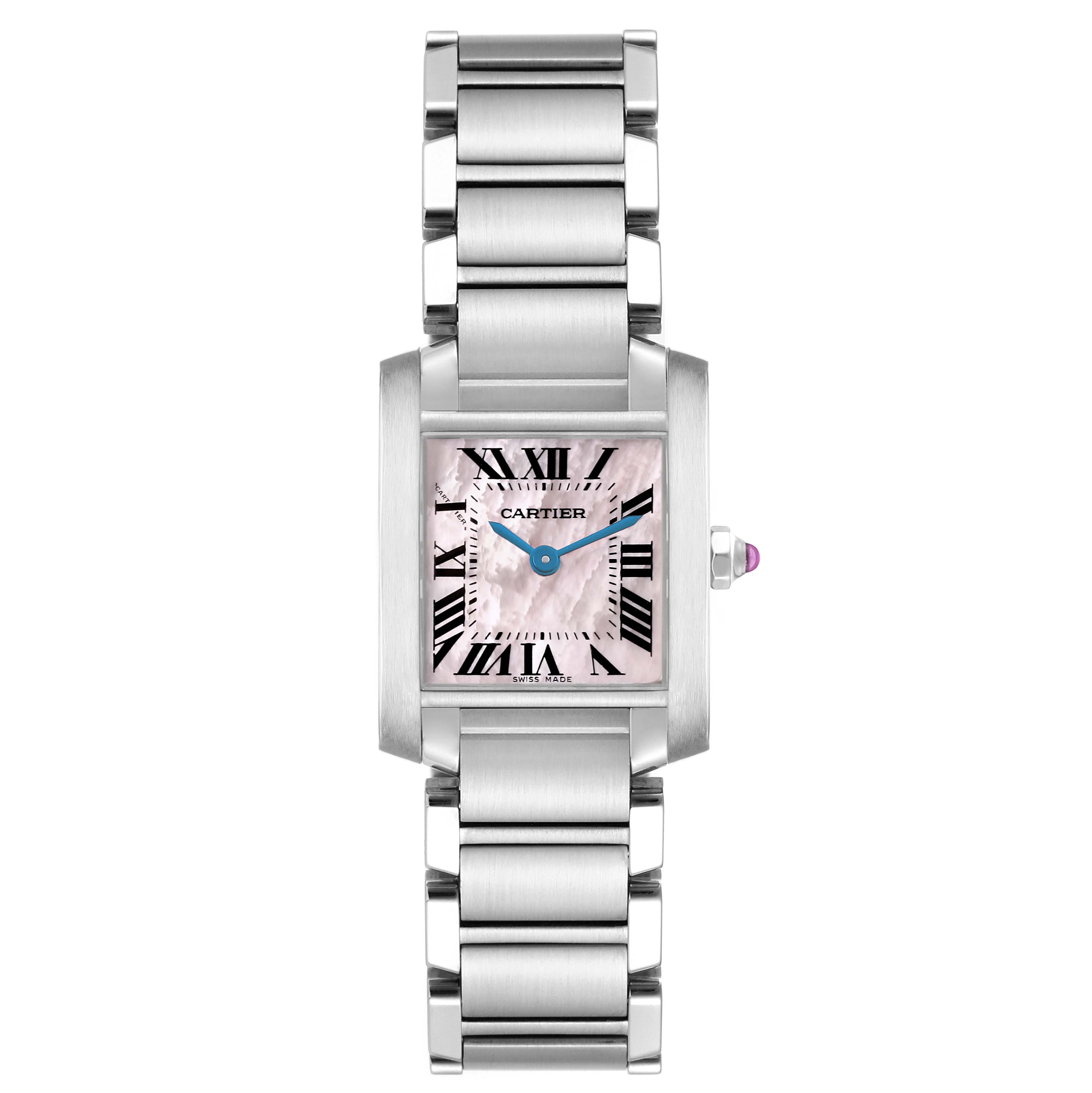 The Cartier Tank Francaise W51028Q3 Women's Stainless Steel Mother of Pearl Dial W51028Q3 Women's Stainless Steel Mother of Pearl Dial watch is shown from the front, displaying the face, bracelet, and crown.