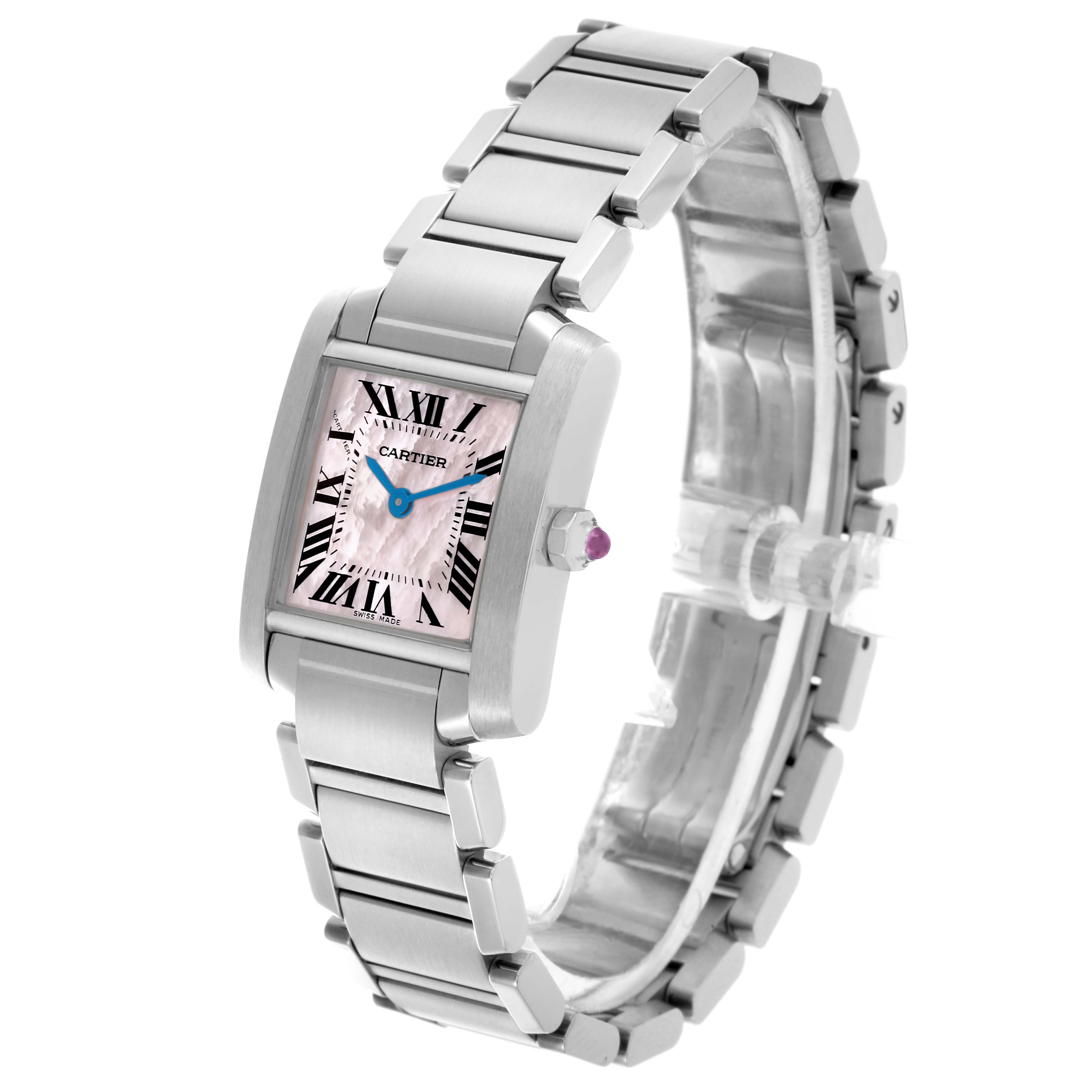 The Cartier Tank Française watch is shown at a three-quarter angle, highlighting the face, bracelet, and crown.