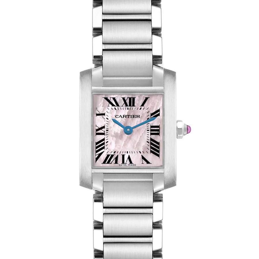 The Cartier Tank Française watch is shown from a front view, highlighting the face, bracelet, and crown.