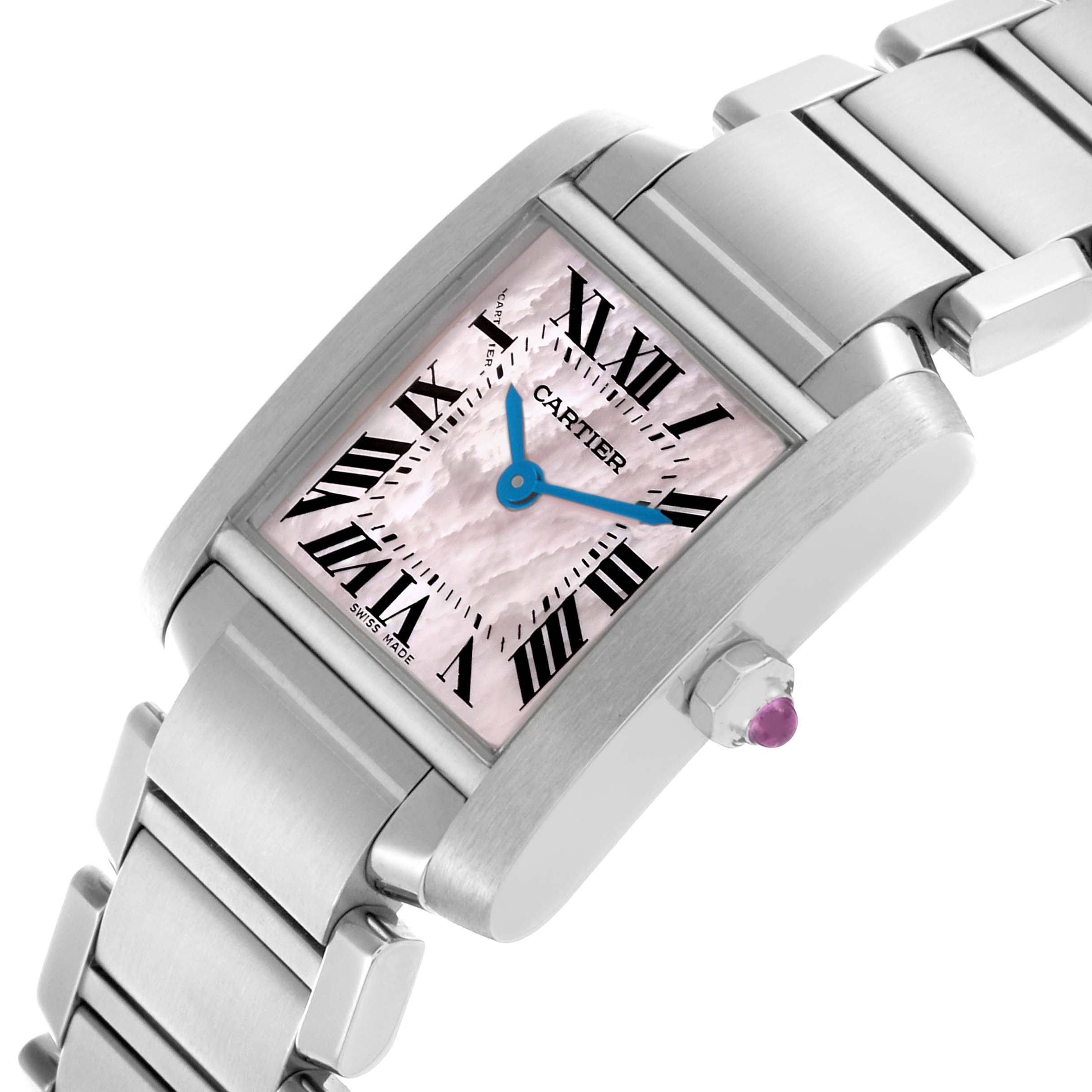 The Cartier Tank Francaise W51028Q3 Women's Stainless Steel Mother of Pearl Dial W51028Q3 Women's Stainless Steel Mother of Pearl Dial watch is shown at a slight angle, highlighting the face, blue hands, Roman numerals, and part of the bracelet.