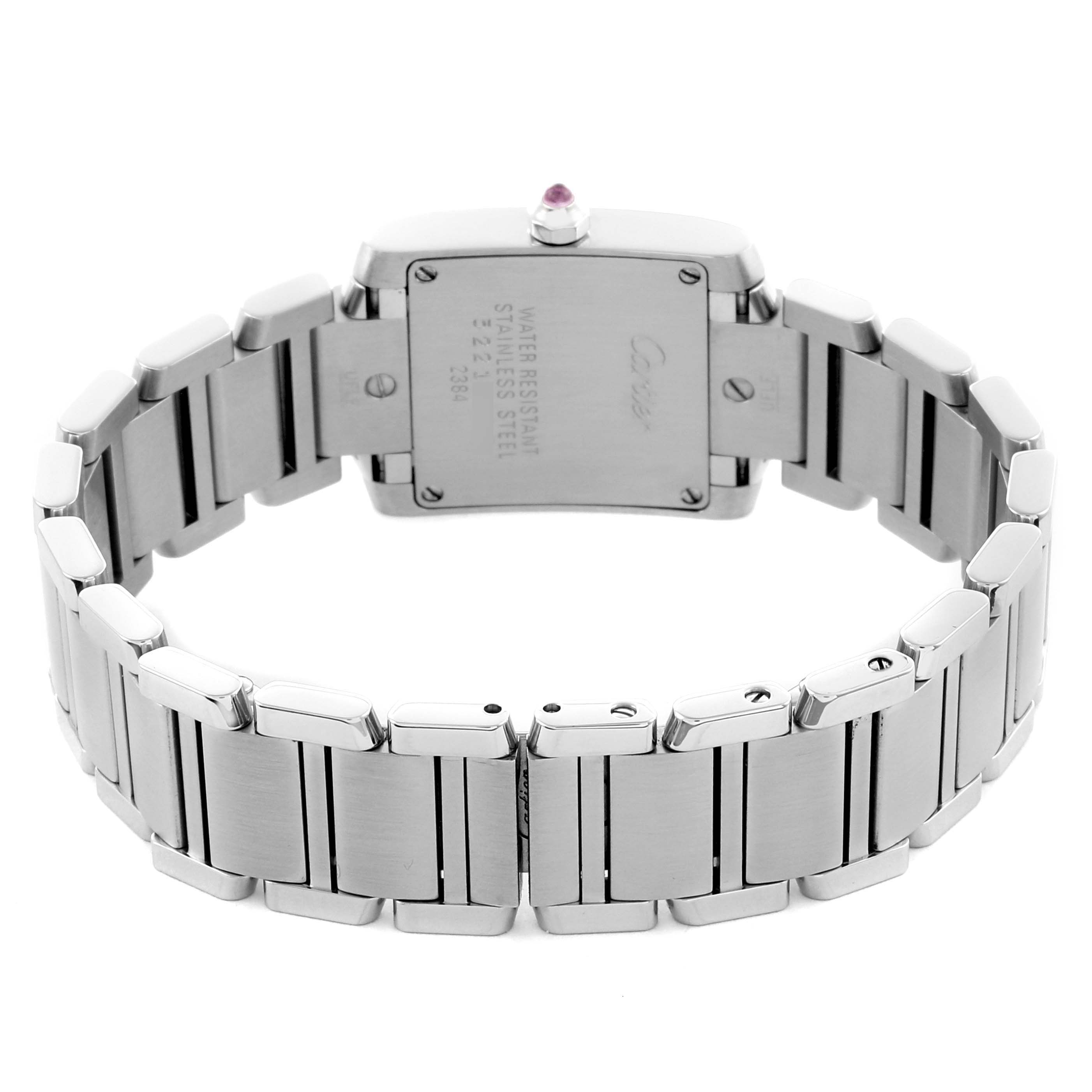 The image shows the back and bracelet of a Cartier Tank Française watch at a slight rear angle.