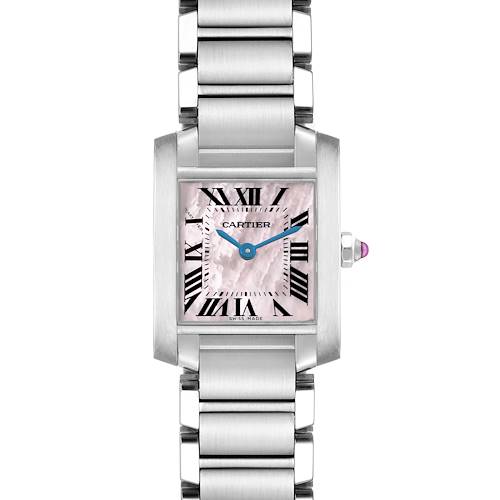 The Cartier Tank Française watch is shown from a front angle, displaying the dial, blue hands, Roman numerals, crown, and stainless steel bracelet.