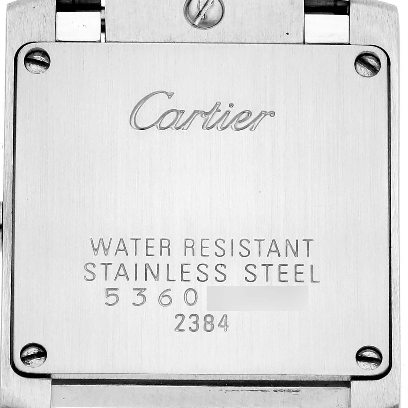 The image shows the back case of the Cartier Tank Francaise W51028Q3 Women
s Stainless Steel Mother of Pearl Dial W51028Q3 Women
s Stainless Steel Mother of Pearl Dial, highlighting the brand name and material details.