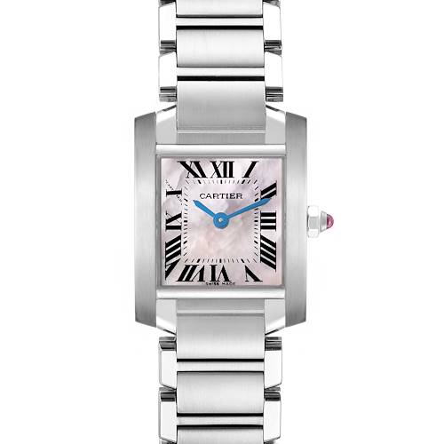 The Cartier Tank Française watch is shown from the front, highlighting the dial, bracelet, and crown.