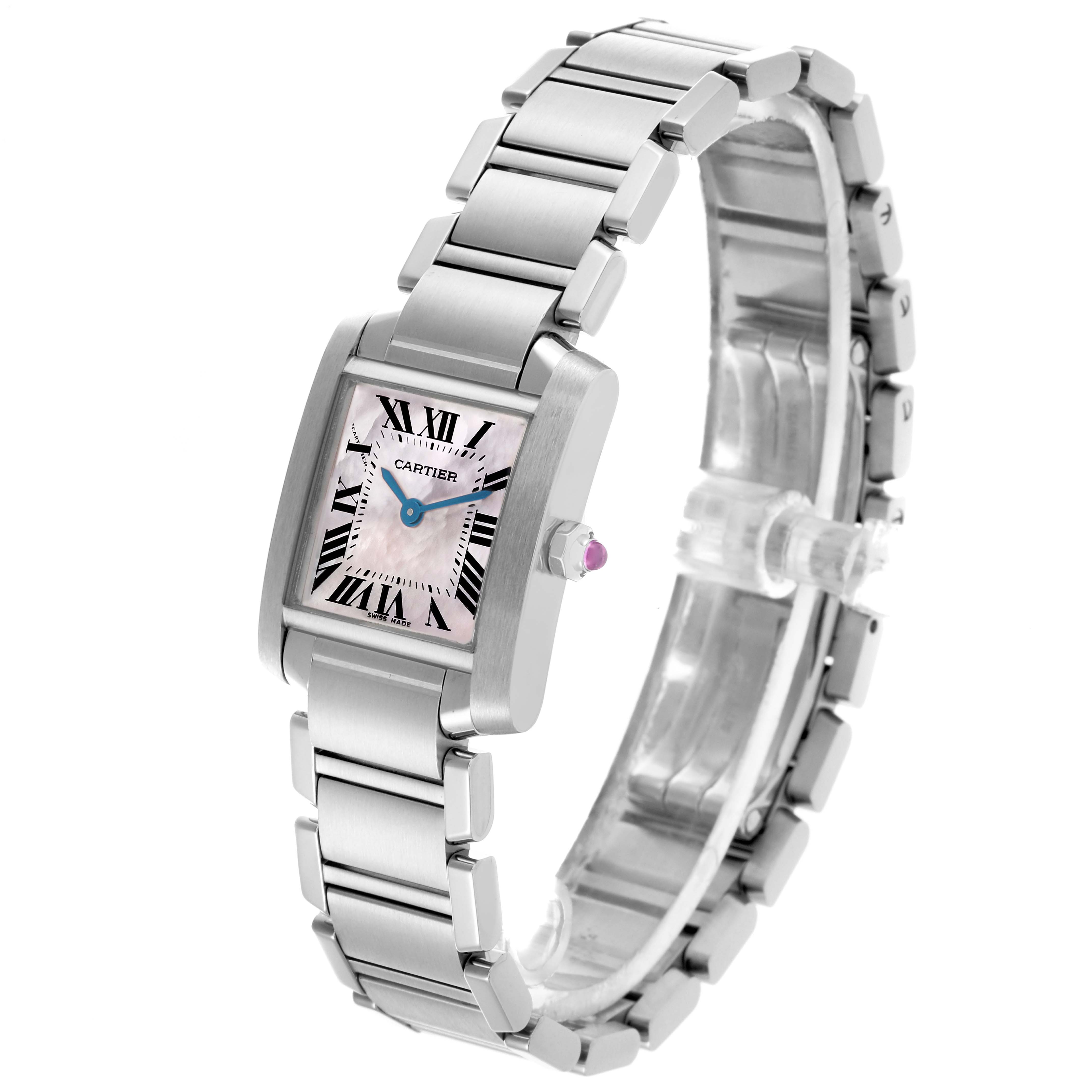 The Cartier Tank Française watch is shown at an angled view, highlighting its face, bracelet, and crown.