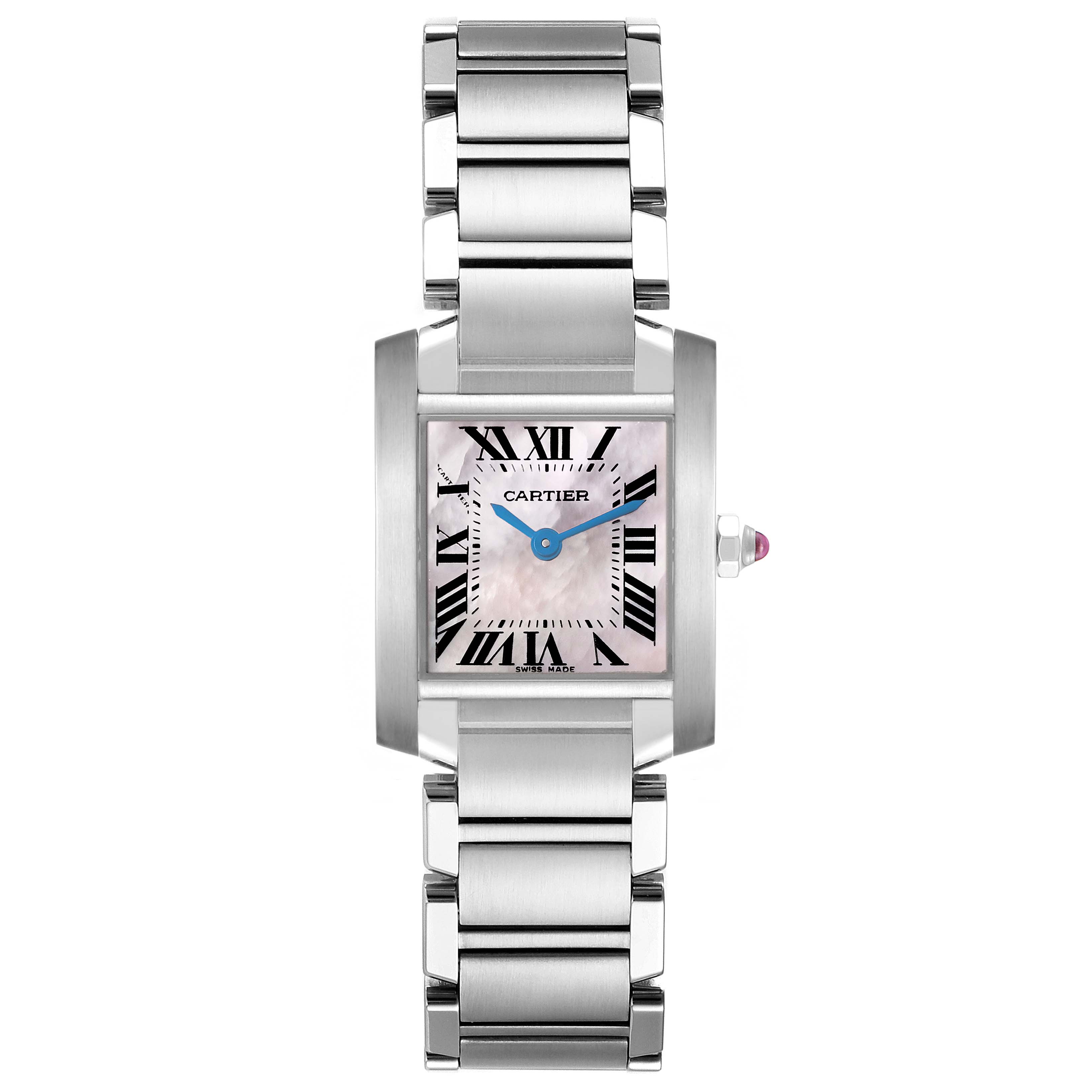 The Cartier Tank Française watch is shown from a front view, displaying the face, Roman numerals, and bracelet.
