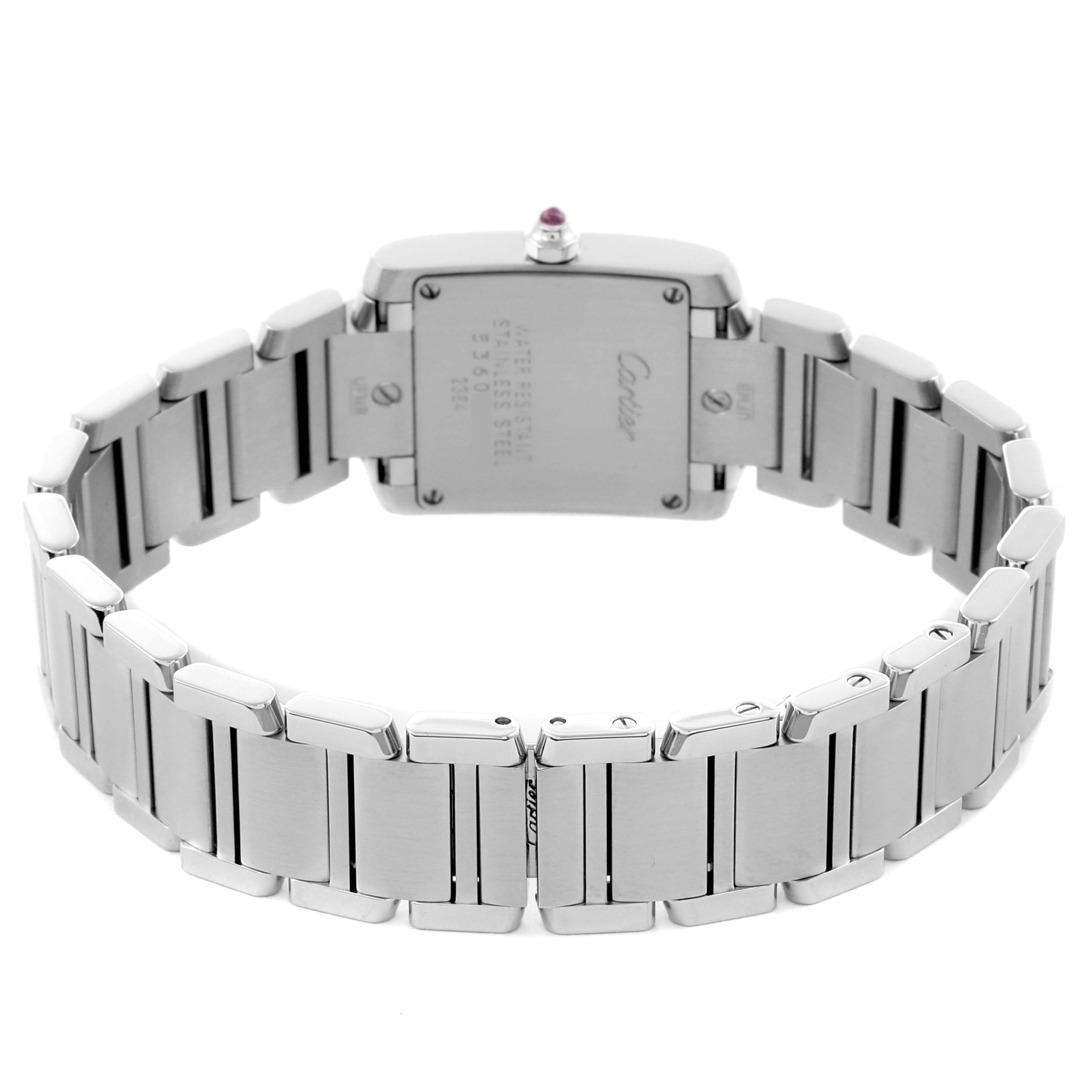 The image shows the back view of a Cartier Tank Francaise W51028Q3 Women
s Stainless Steel Mother of Pearl Dial W51028Q3 Women
s Stainless Steel Mother of Pearl Dial watch, highlighting the bracelet and rear case details.