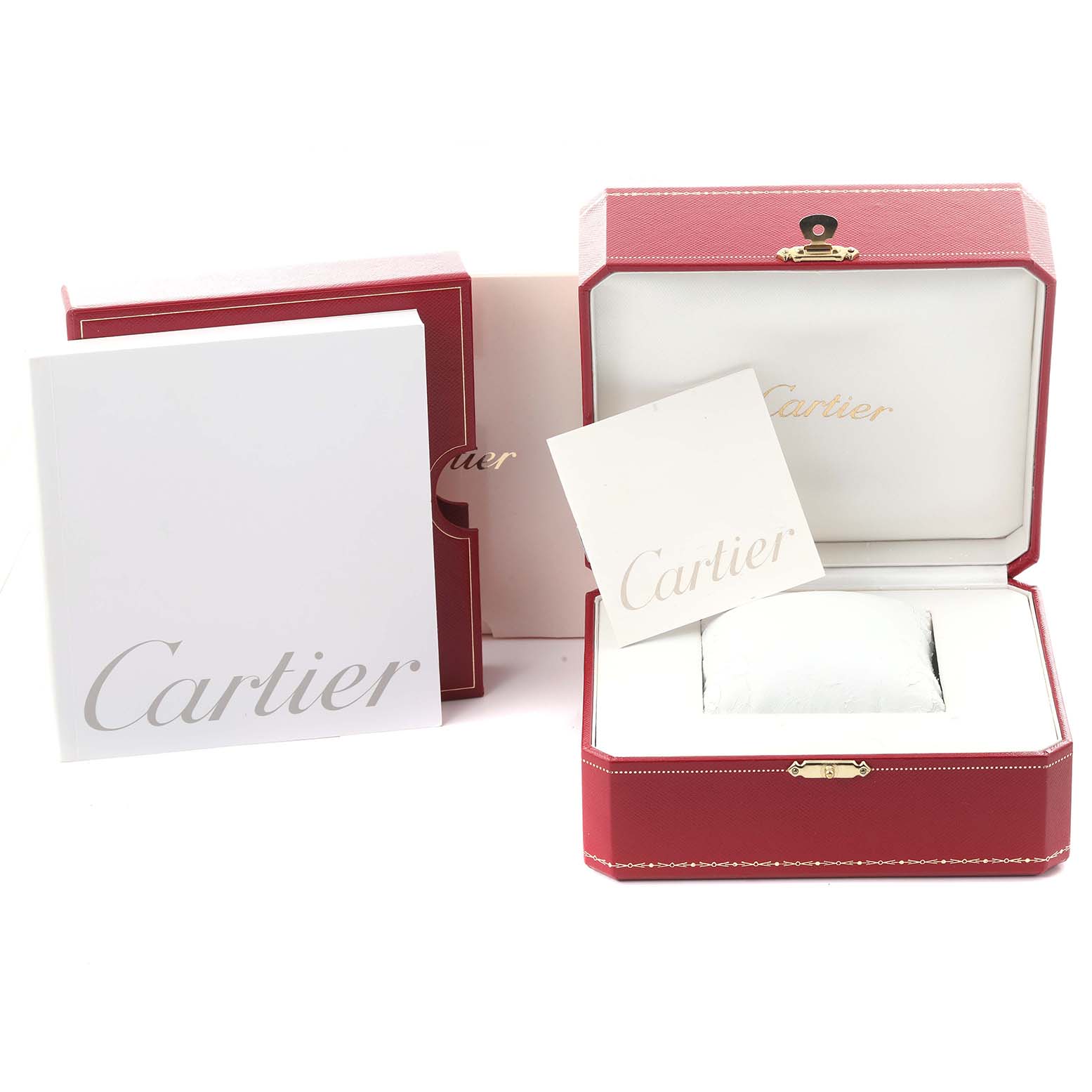 The image shows Cartier packaging for the Tank Française model, including a red case, outer box, and booklets.
