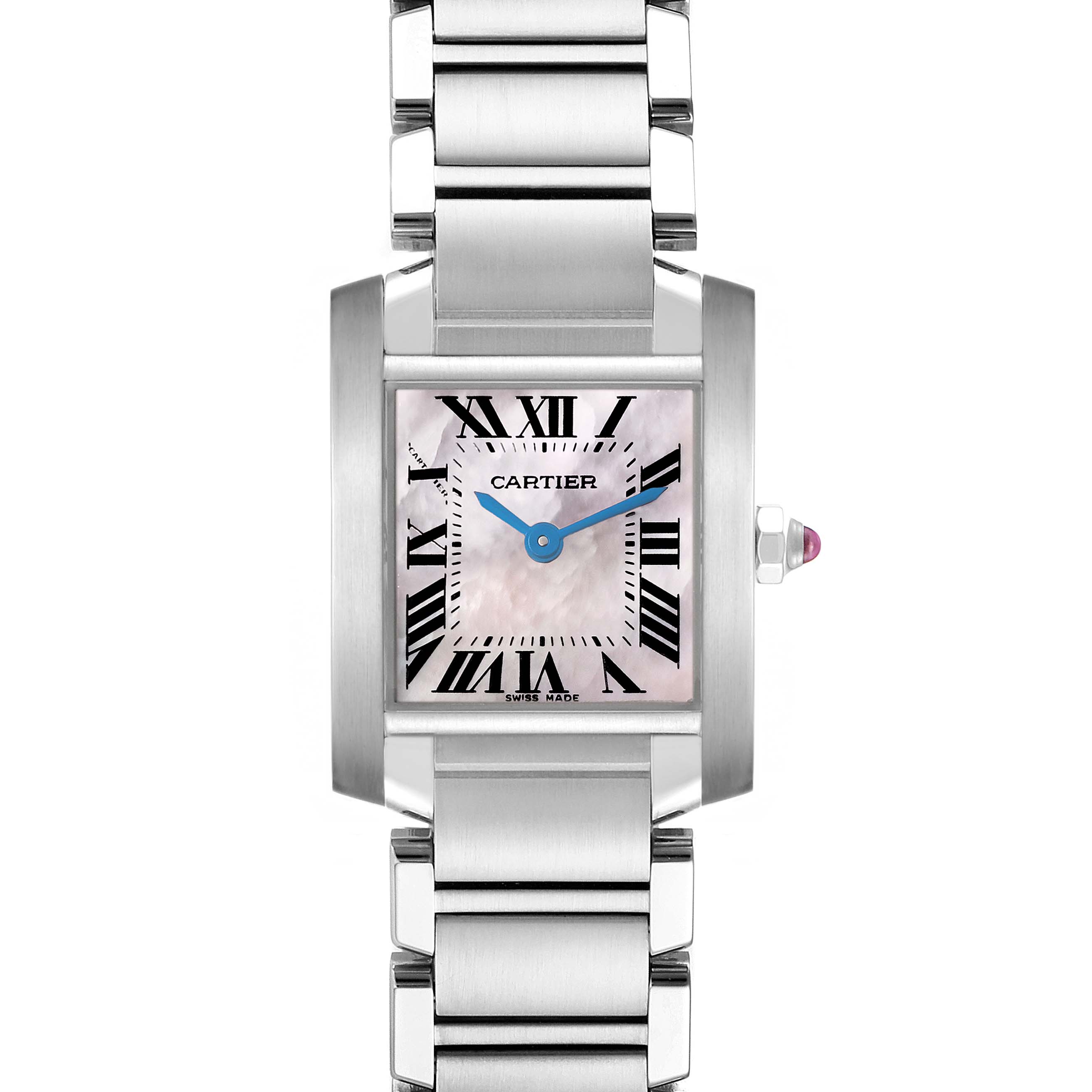 The Cartier Tank Française watch is shown from a front view, highlighting its rectangular case, blue hands, and metal bracelet.