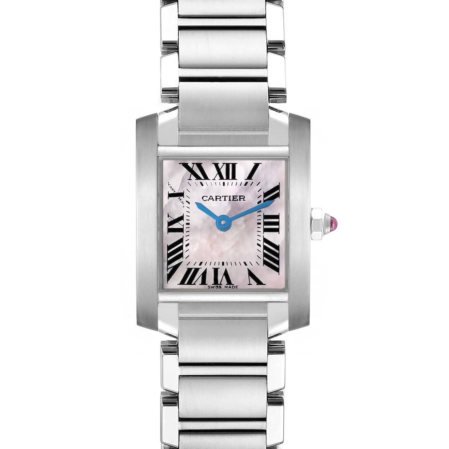 The Cartier Tank Française watch is shown from a front view, highlighting its rectangular case, blue hands, and metal bracelet.