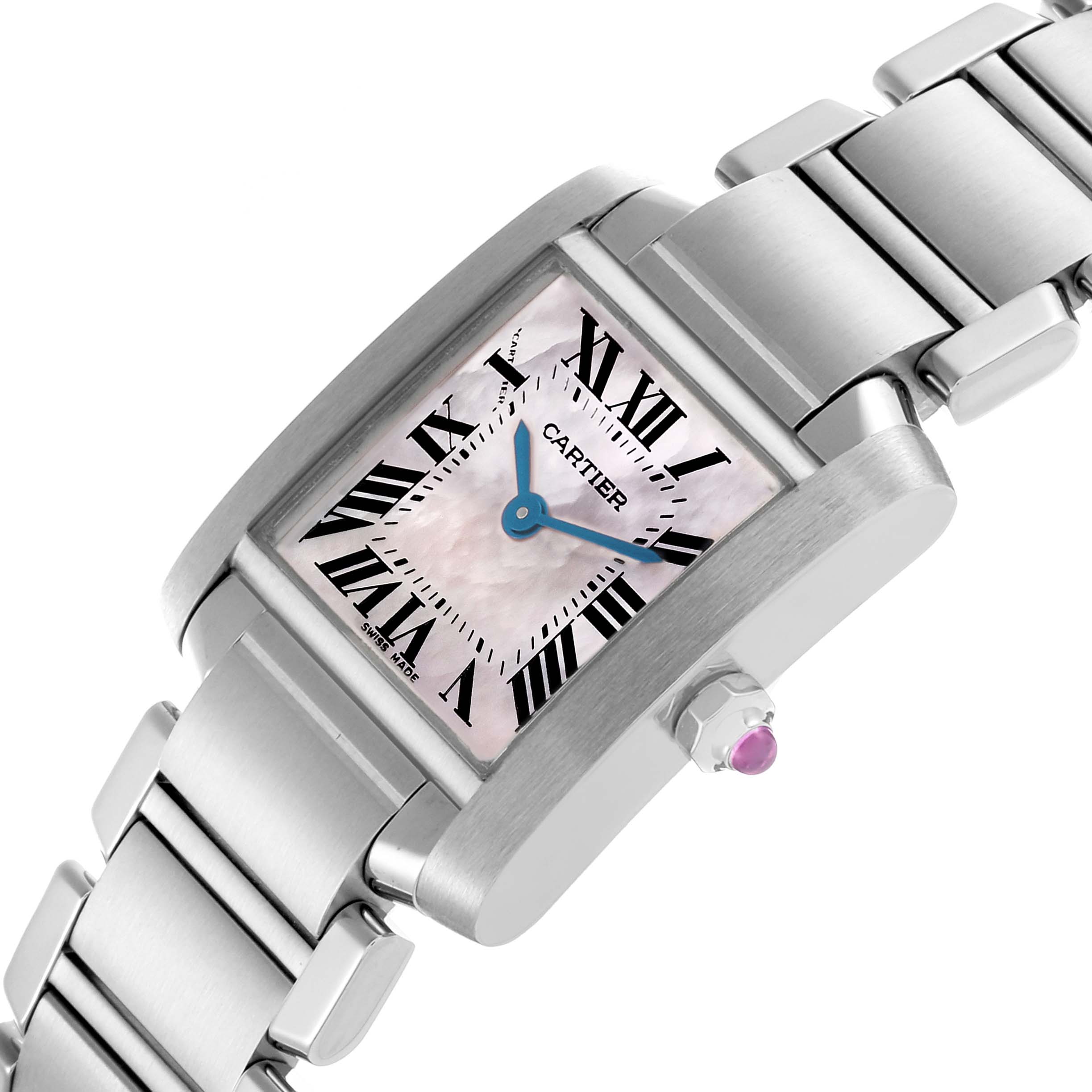 The Cartier Tank Francaise W51028Q3 Women
s Stainless Steel Mother of Pearl Dial W51028Q3 Women
s Stainless Steel Mother of Pearl Dial watch is shown at an angle displaying its face, bracelet, and crown with a gemstone.