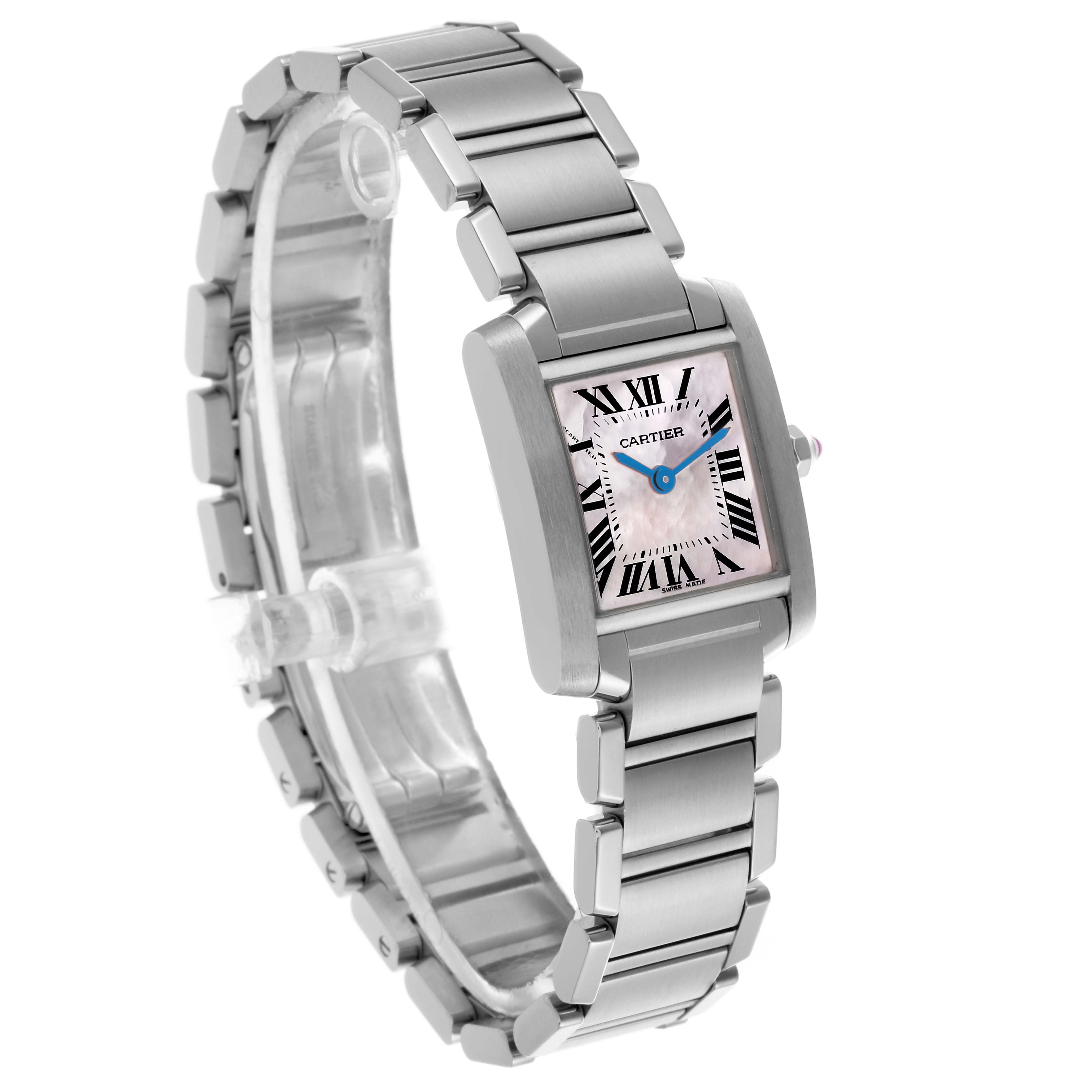 The Cartier Tank Francaise W51028Q3 Women
s Stainless Steel Mother of Pearl Dial W51028Q3 Women
s Stainless Steel Mother of Pearl Dial watch is shown at a three-quarter angle highlighting its case, bracelet, and dial.