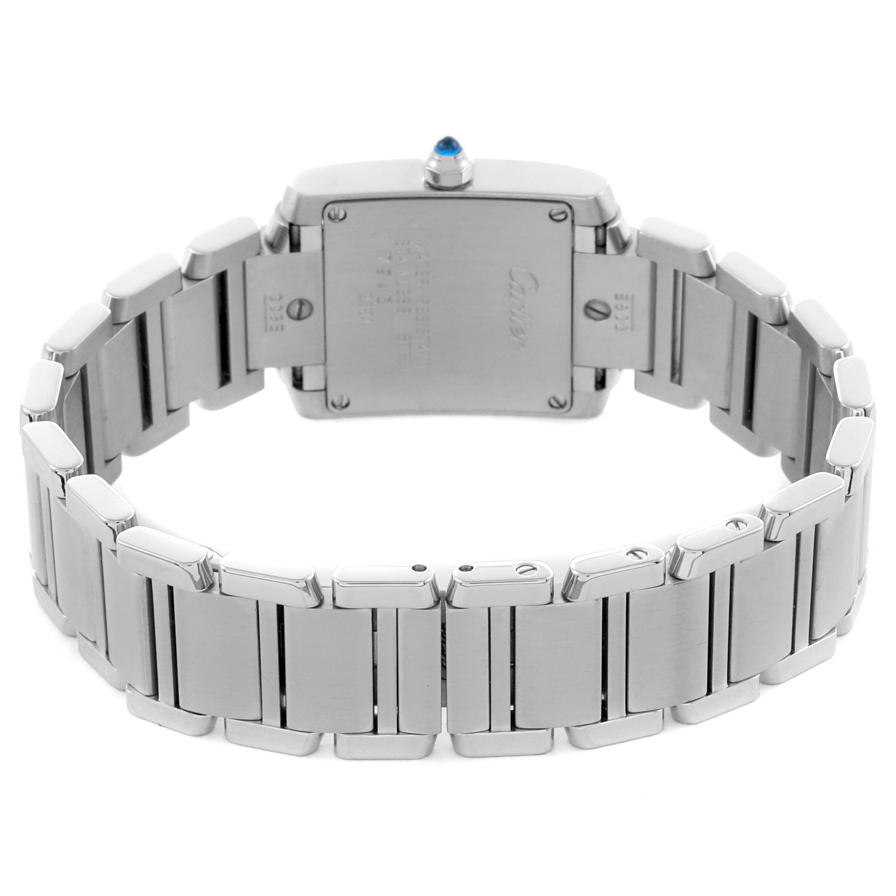 The image shows the back view of the Cartier Tank Francaise W51008Q3 Women
s Stainless Steel Silver Dial W51008Q3 Women
s Stainless Steel Silver Dial watch, highlighting its metal bracelet and case back.