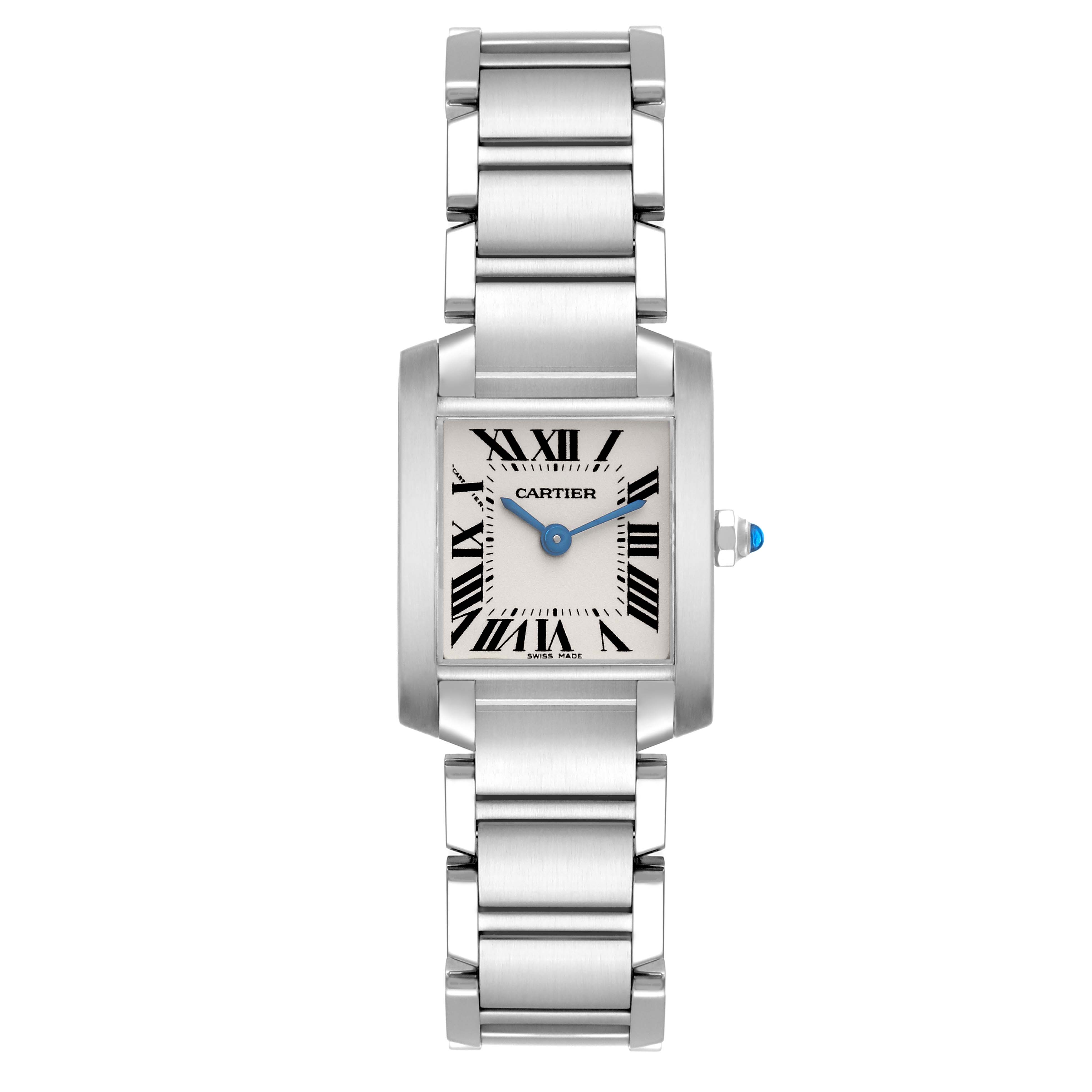 The Cartier Tank Francaise W51008Q3 Women
s Stainless Steel Silver Dial W51008Q3 Women
s Stainless Steel Silver Dial watch is shown from a front angle, displaying its rectangular face and metal bracelet.