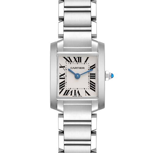 The Cartier Tank Francaise watch is shown from a front angle, displaying its rectangular dial and linked bracelet.