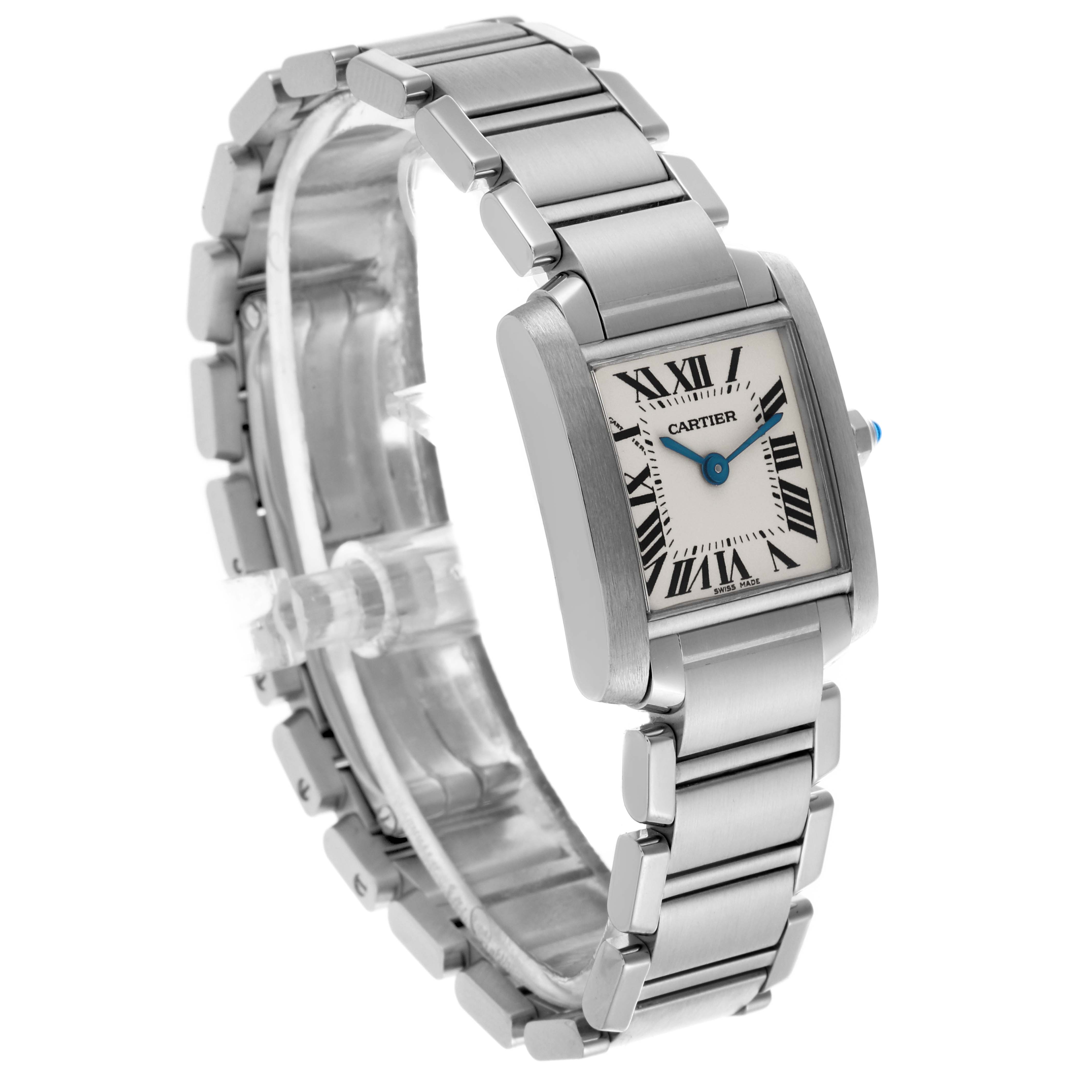 The Cartier Tank Francaise W51008Q3 Women
s Stainless Steel Silver Dial W51008Q3 Women
s Stainless Steel Silver Dial watch is shown at an angled view, highlighting its rectangular face, Roman numerals, blue hands, and metal bracelet.