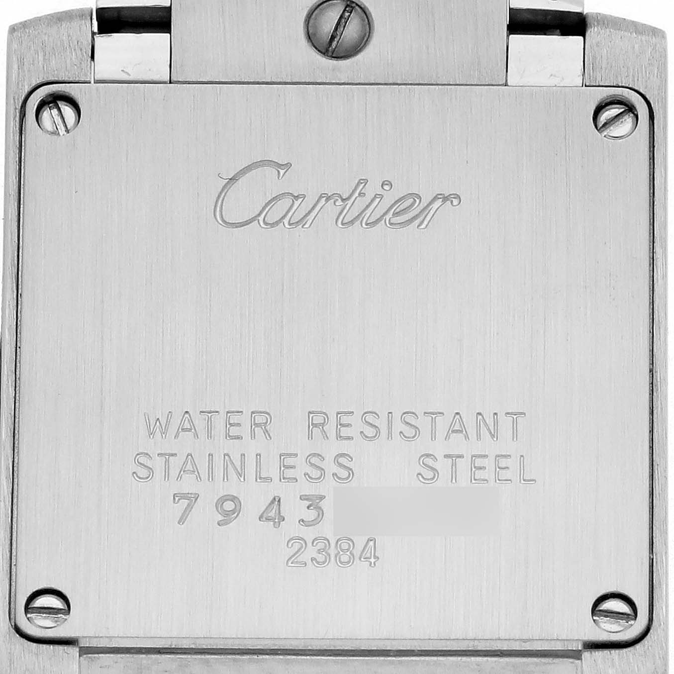 The image shows the back of a Cartier Tank Française watch, highlighting details like its material and water resistance markings.