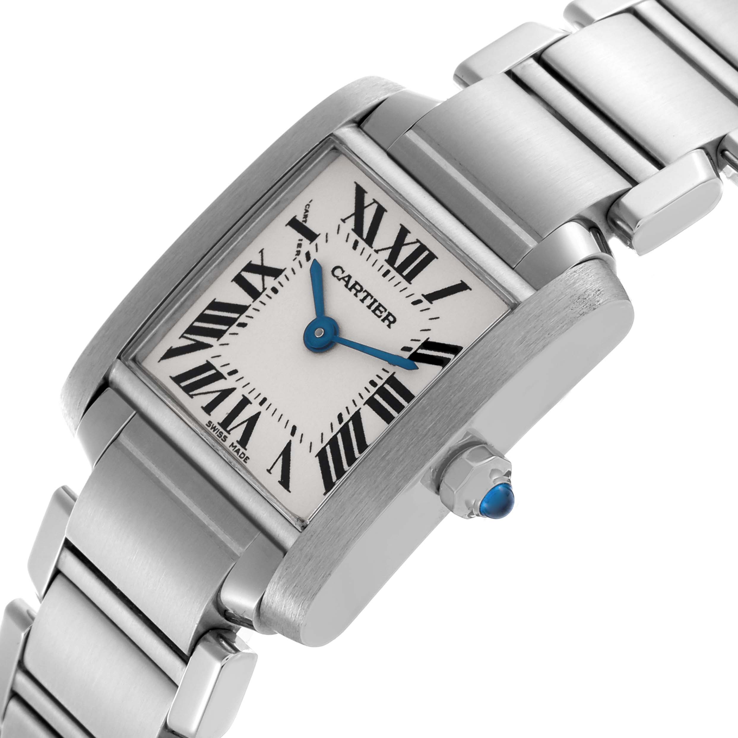The Cartier Tank Française watch is shown at an angle displaying the face, bracelet, and crown with a blue cabochon.