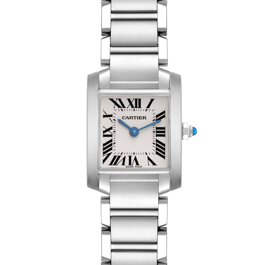 The Cartier Tank Française watch is shown from a front angle, displaying the face, case, and part of the bracelet.