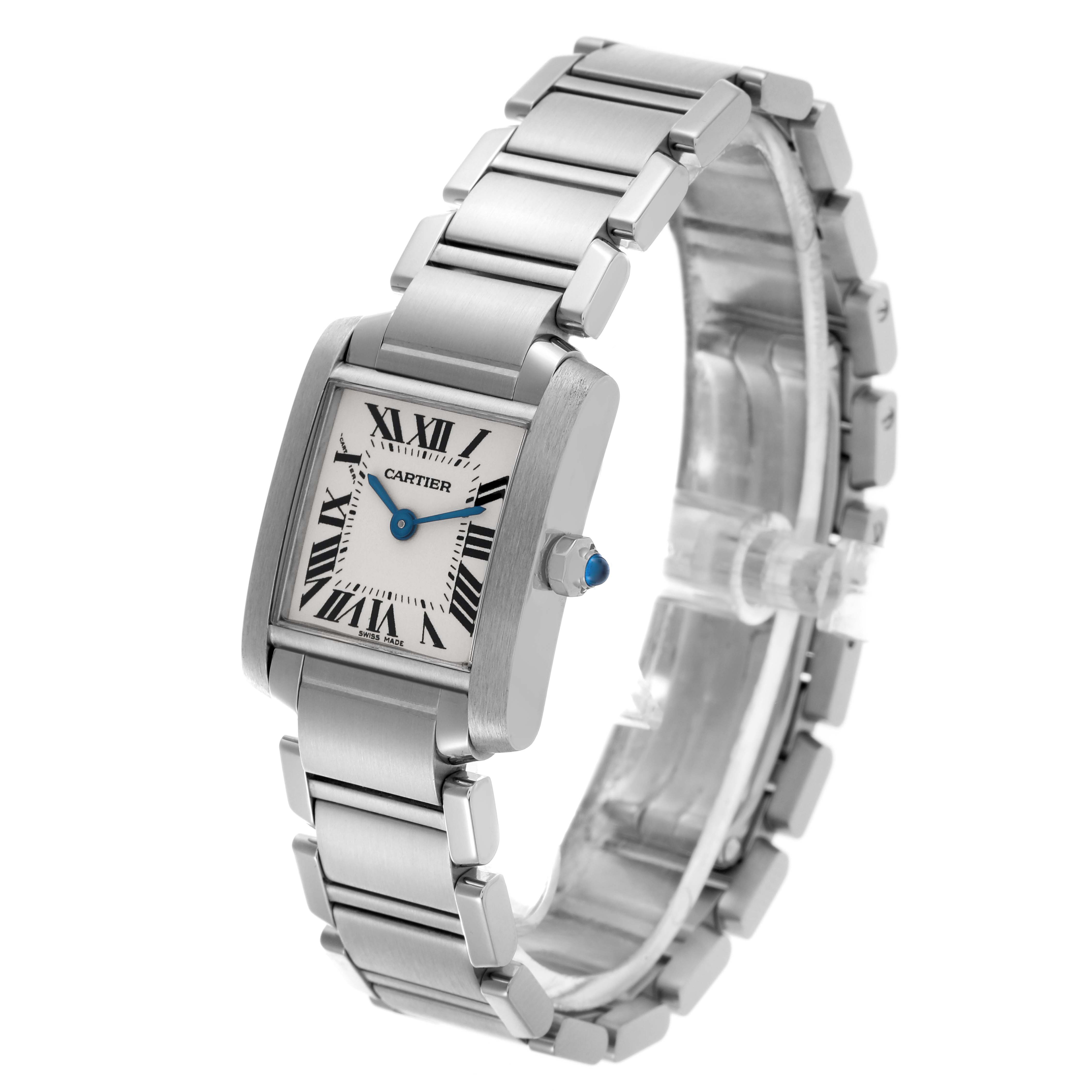 The Cartier Tank Française watch is shown at a three-quarter angle, highlighting its rectangular face and metal bracelet.