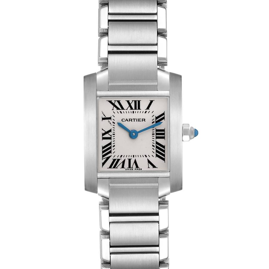 The Cartier Tank Française watch is shown from a front angle, highlighting its rectangular face, Roman numerals, and metal bracelet.