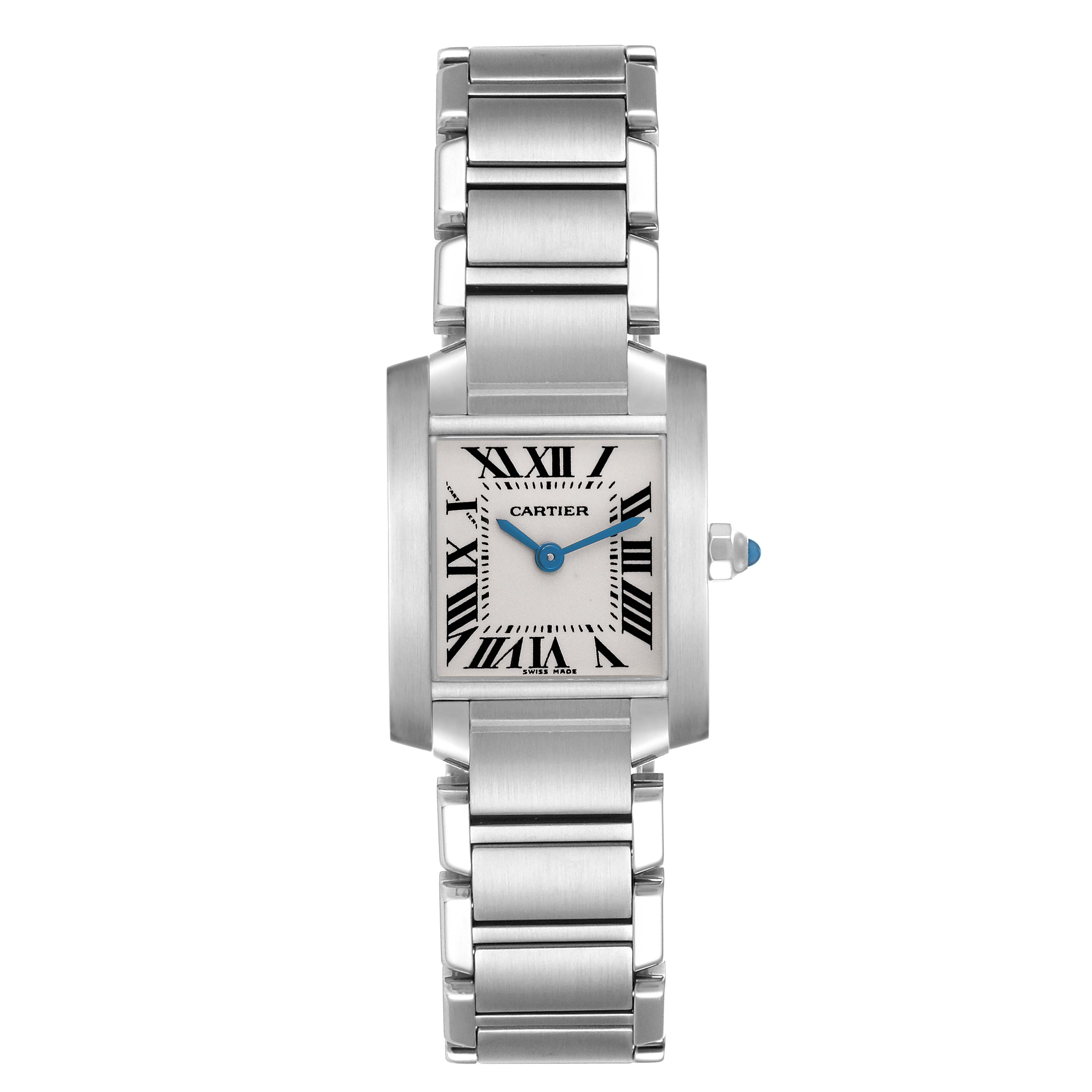The Cartier Tank Française watch is shown from a front angle, displaying the face, case, bracelet, and crown.