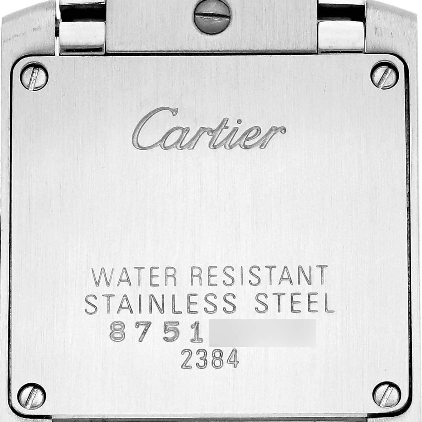 The image shows the back case of a Cartier Tank Francaise W51008Q3 Women
s Stainless Steel Silver Dial W51008Q3 Women
s Stainless Steel Silver Dial watch, highlighting the brand marking and water resistance details.