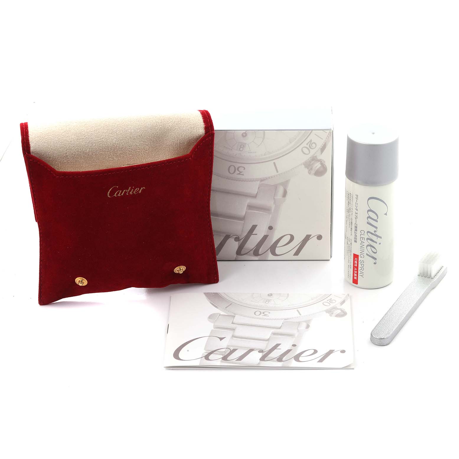 The image shows Cartier Tank Francaise W51008Q3 Women
s Stainless Steel Silver Dial W51008Q3 Women
s Stainless Steel Silver Dial accessories including a red pouch, cleaning spray, brush, and box, viewed from the front.