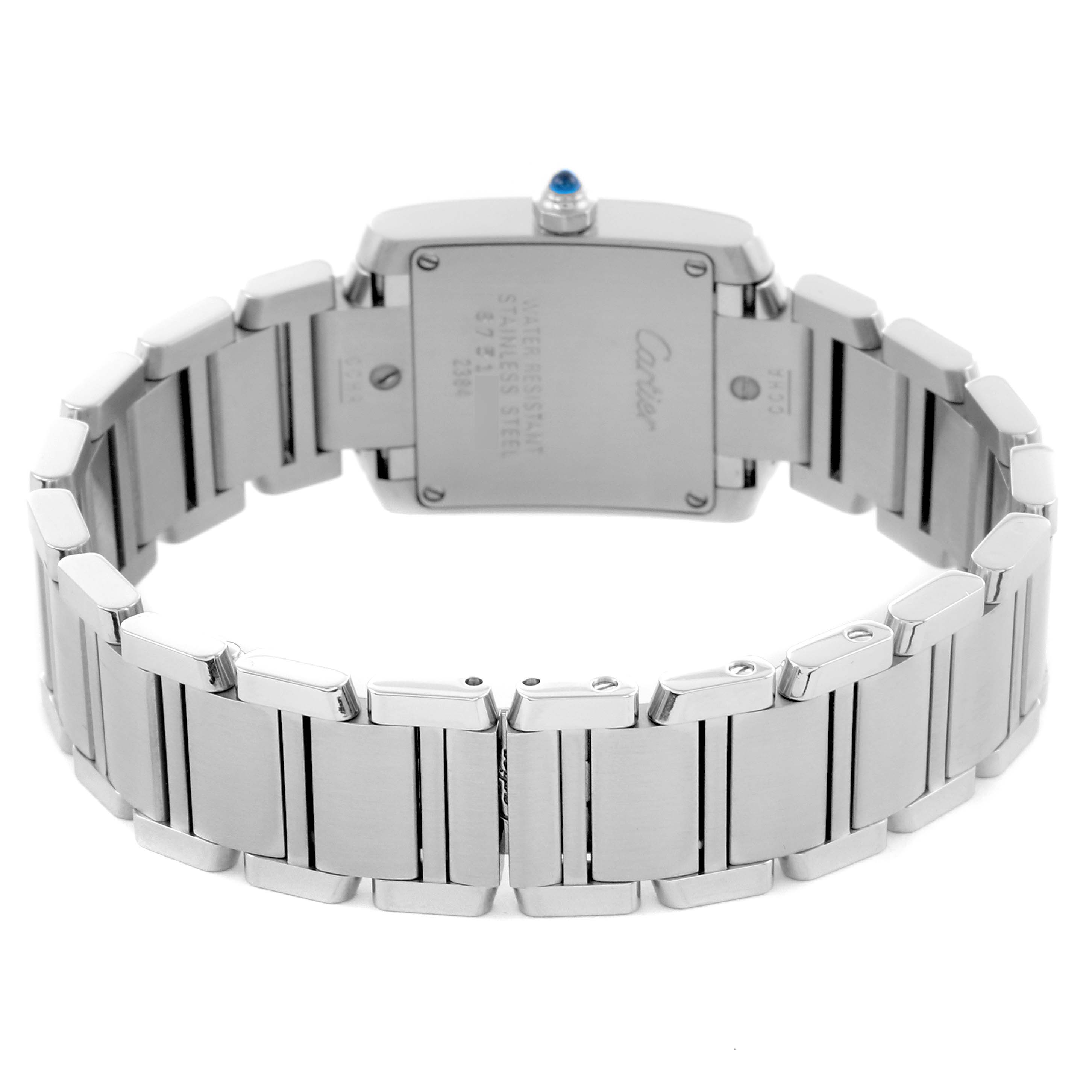 The Cartier Tank Francaise W51008Q3 Women
s Stainless Steel Silver Dial W51008Q3 Women
s Stainless Steel Silver Dial watch is shown from the back, highlighting the case back and metal bracelet.