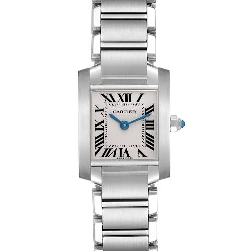 The Cartier Tank Francaise watch is shown from the front, highlighting the face, bracelet, and crown.