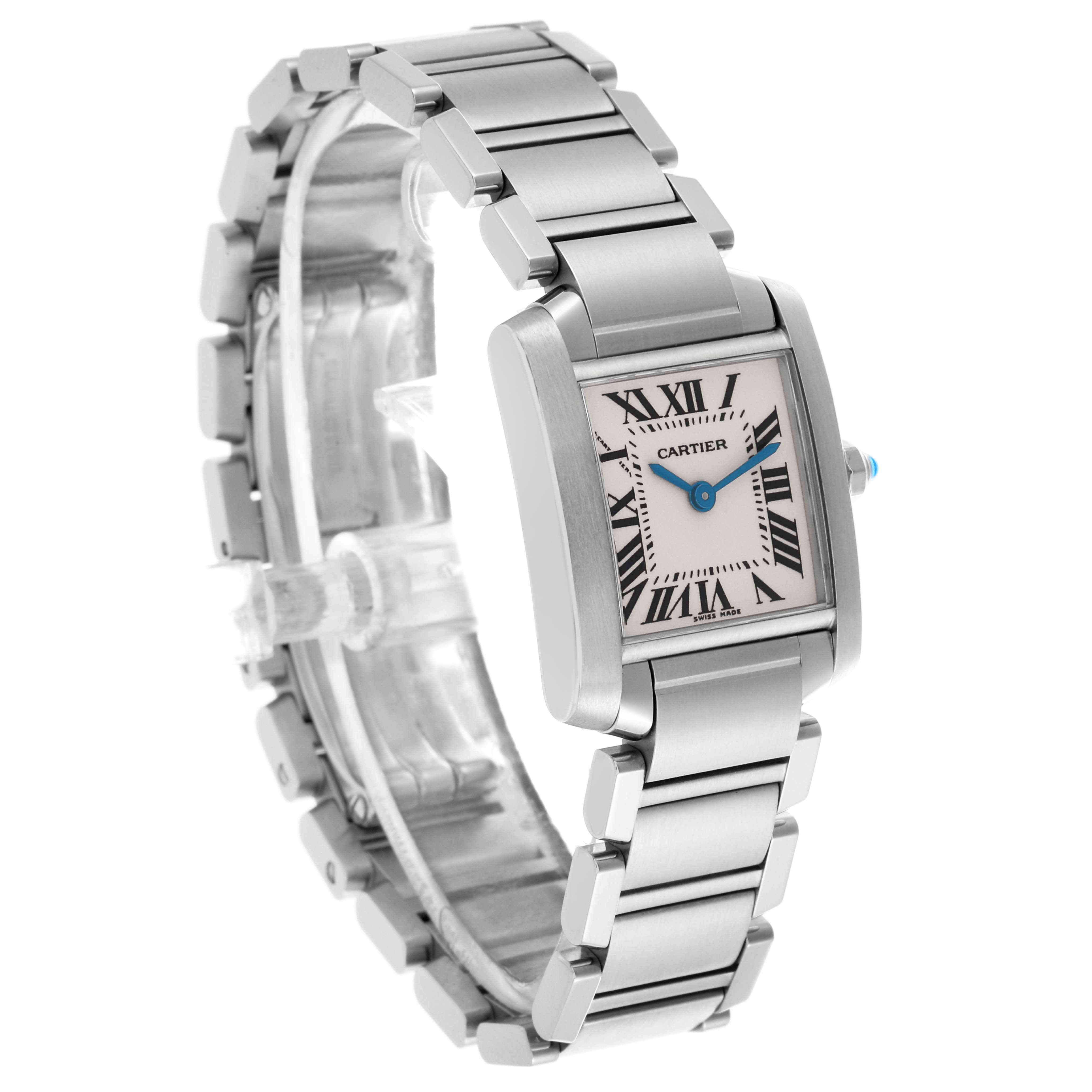 The image shows a Cartier Tank Française watch at a three-quarter angle, highlighting the face, bracelet, and side crown.