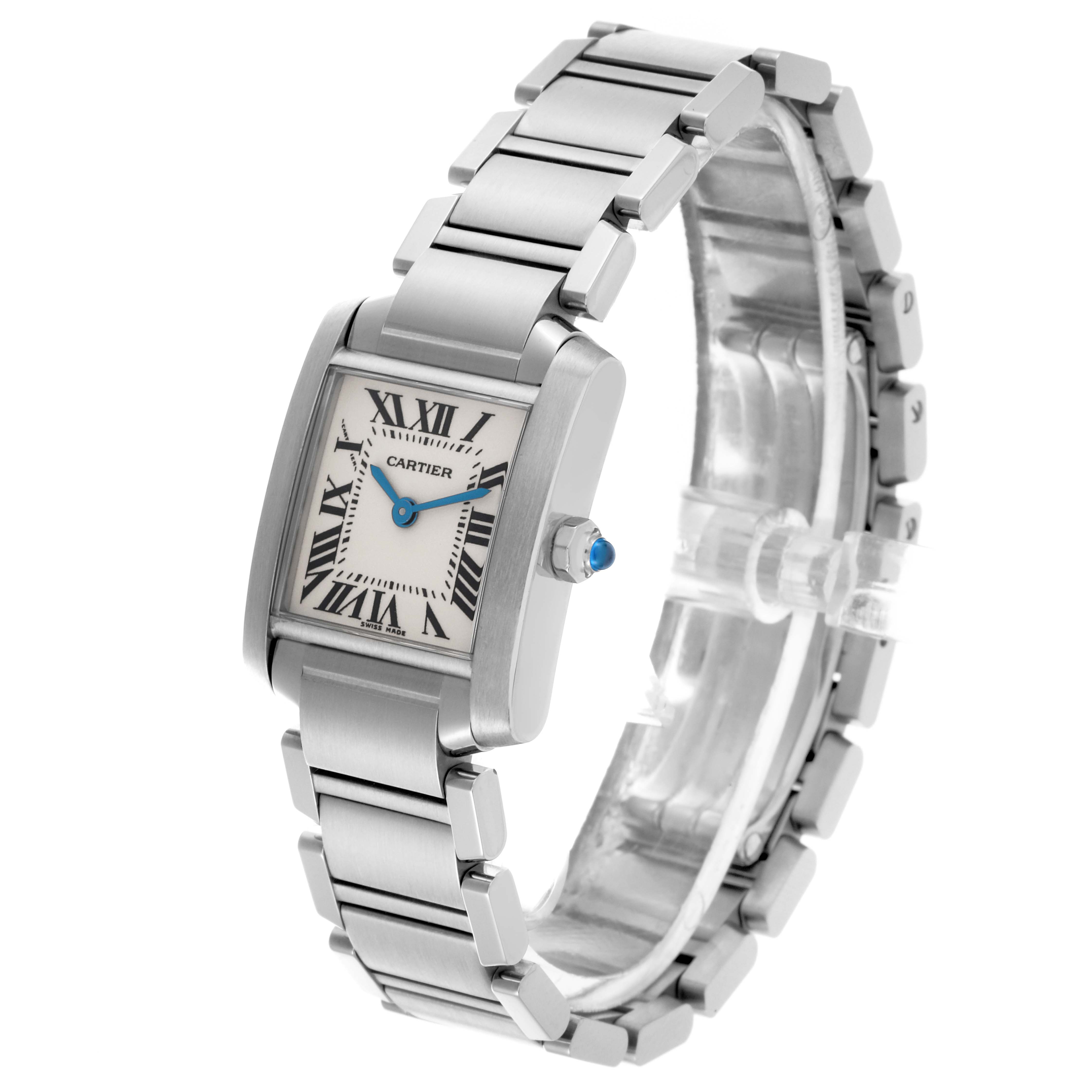 The Cartier Tank Française watch is shown at a three-quarter angle, highlighting its bracelet, case, and Roman numeral dial.