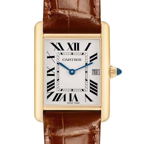 The Cartier Tank Louis W1529756 Men's Yellow Gold Silver Dial watch is shown from the front, displaying the face, Roman numerals, blue hands, and part of the brown leather strap.