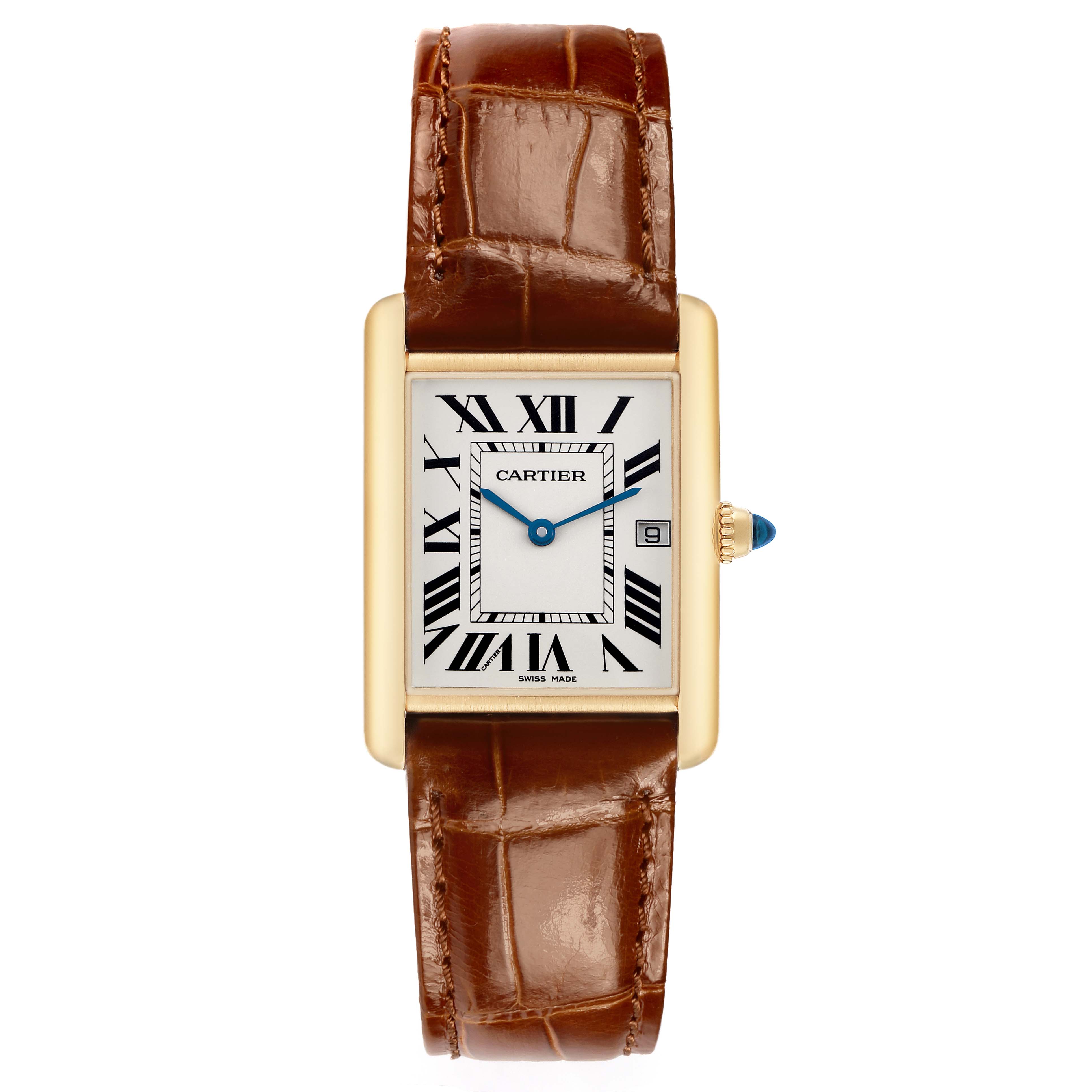 The Cartier Tank Louis W1529756 Men's Yellow Gold Silver Dial watch is shown from the front, highlighting its face, gold case, and brown leather strap.