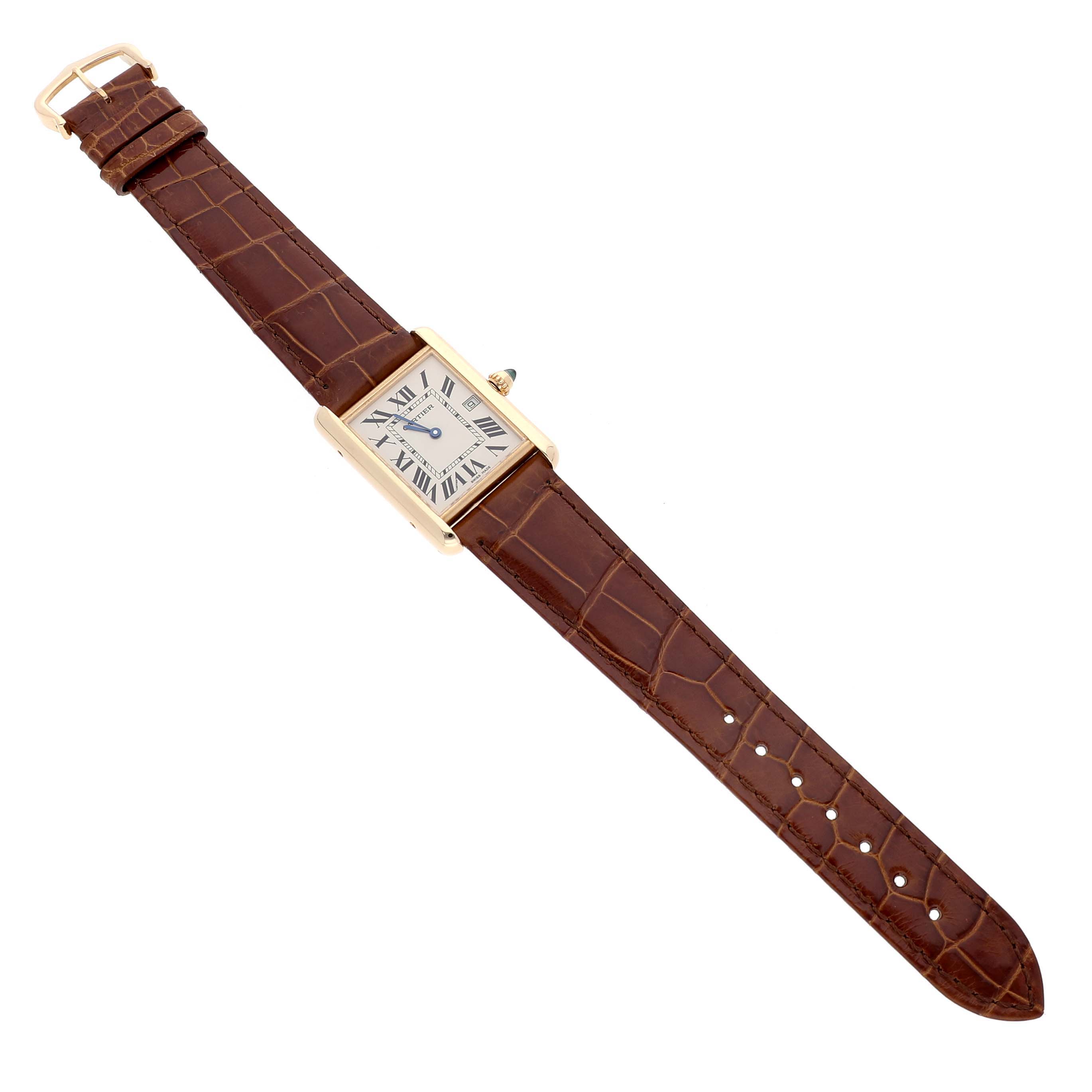 The Cartier Tank Louis W1529756 Men's Yellow Gold Silver Dial watch is shown from a top angle, displaying the strap, rectangular case, crown, and Roman numeral face.