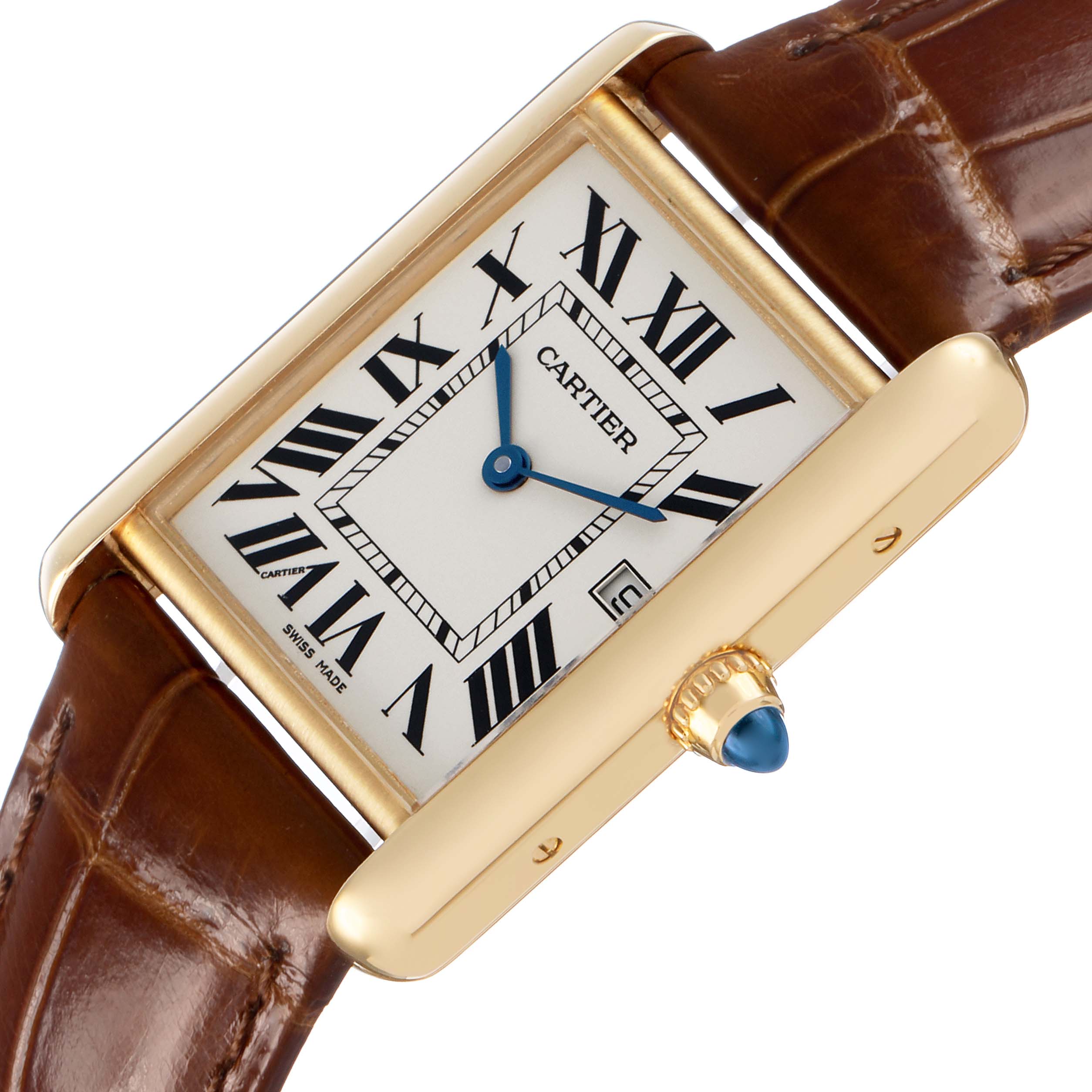 The Cartier Tank Louis W1529756 Men's Yellow Gold Silver Dial watch is shown at a tilted angle, featuring the face, gold case, crown with blue cabochon, and brown leather strap.