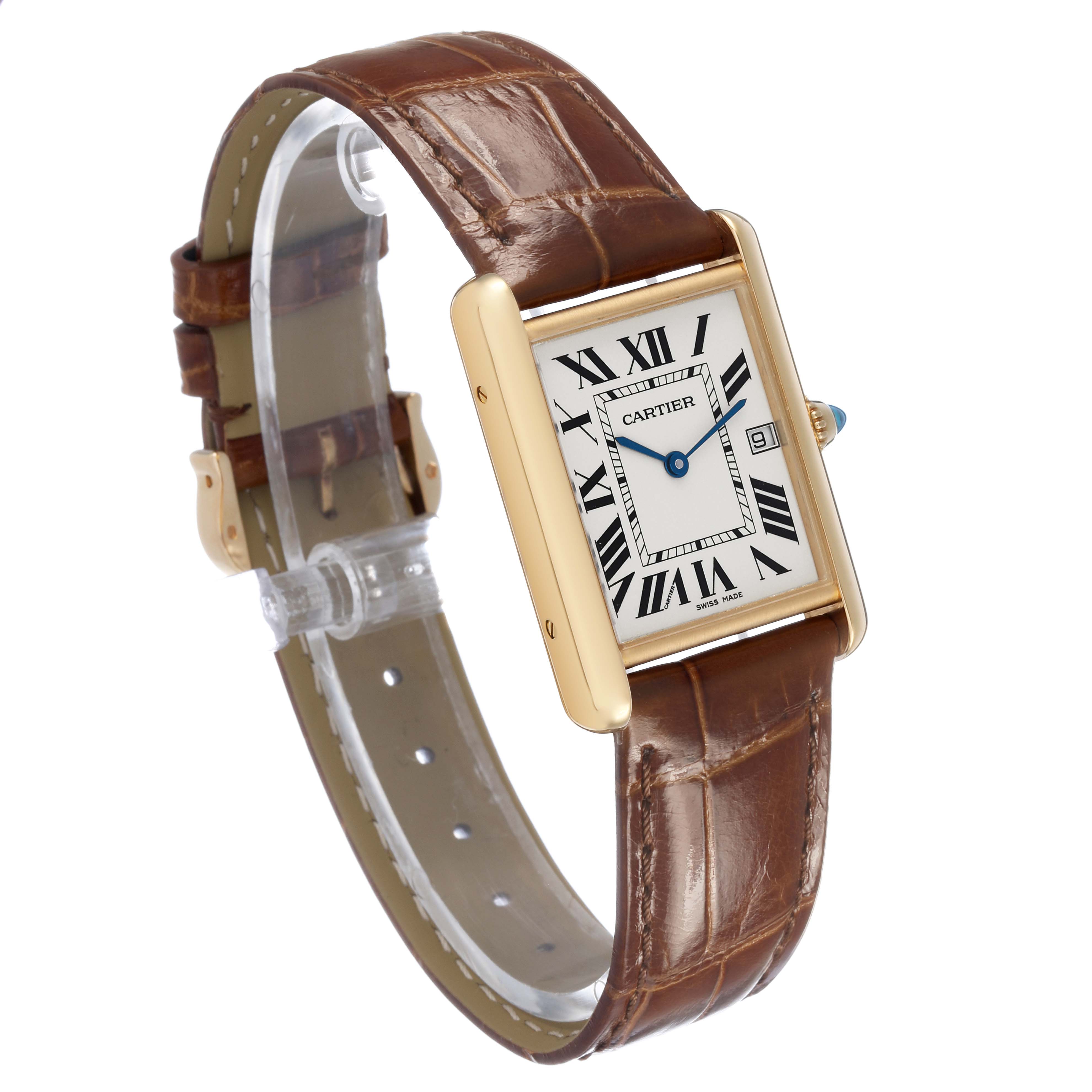 The Cartier Tank Louis W1529756 Men's Yellow Gold Silver Dial watch is shown at a three-quarter angle, highlighting the rectangular face, Roman numerals, and leather strap.