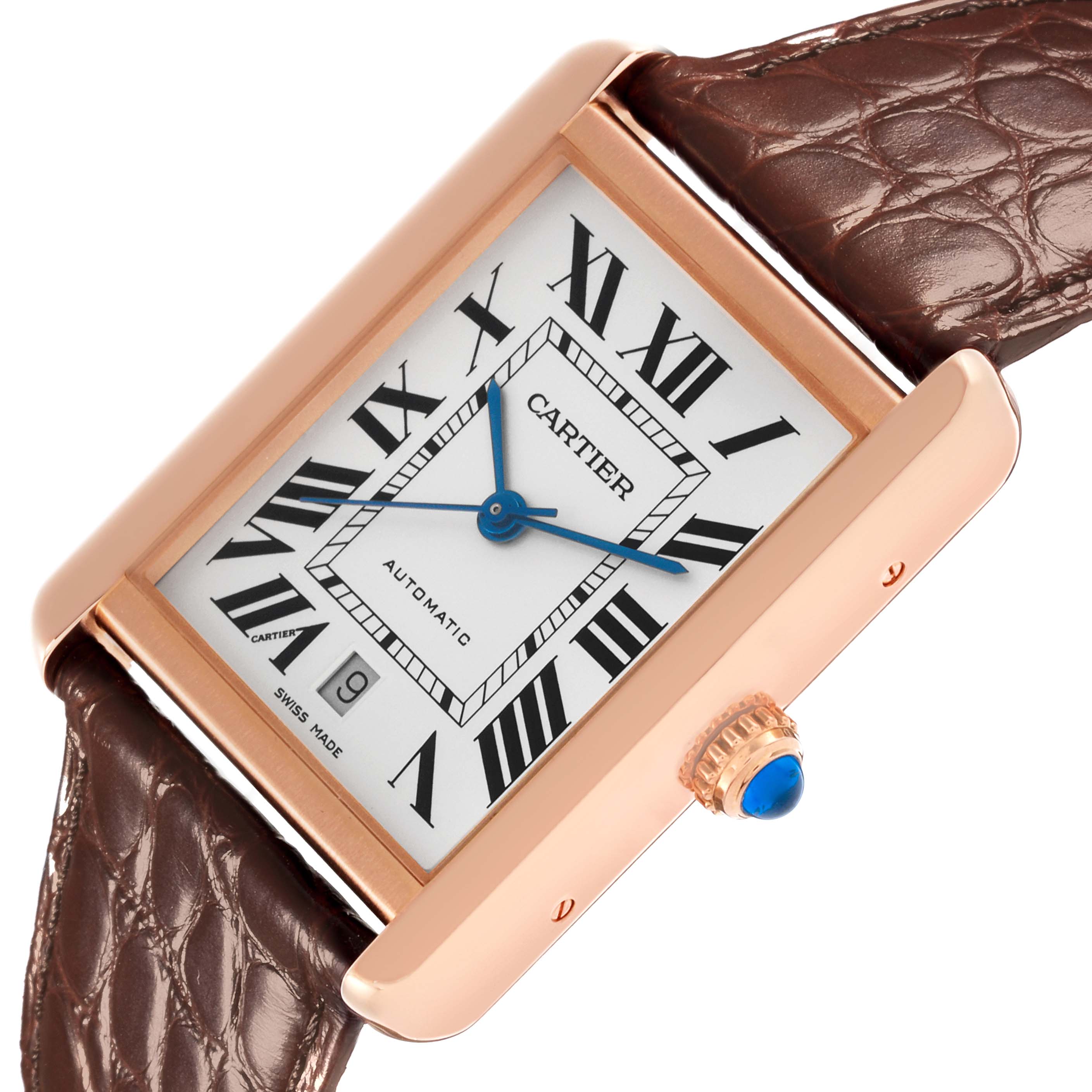 The Cartier Tank Solo W5200026 Men's Rose Gold Silver Dial W5200026 Men's Rose Gold Silver Dial watch is shown at a diagonal angle, displaying the face, Roman numerals, hands, crown, and strap.
