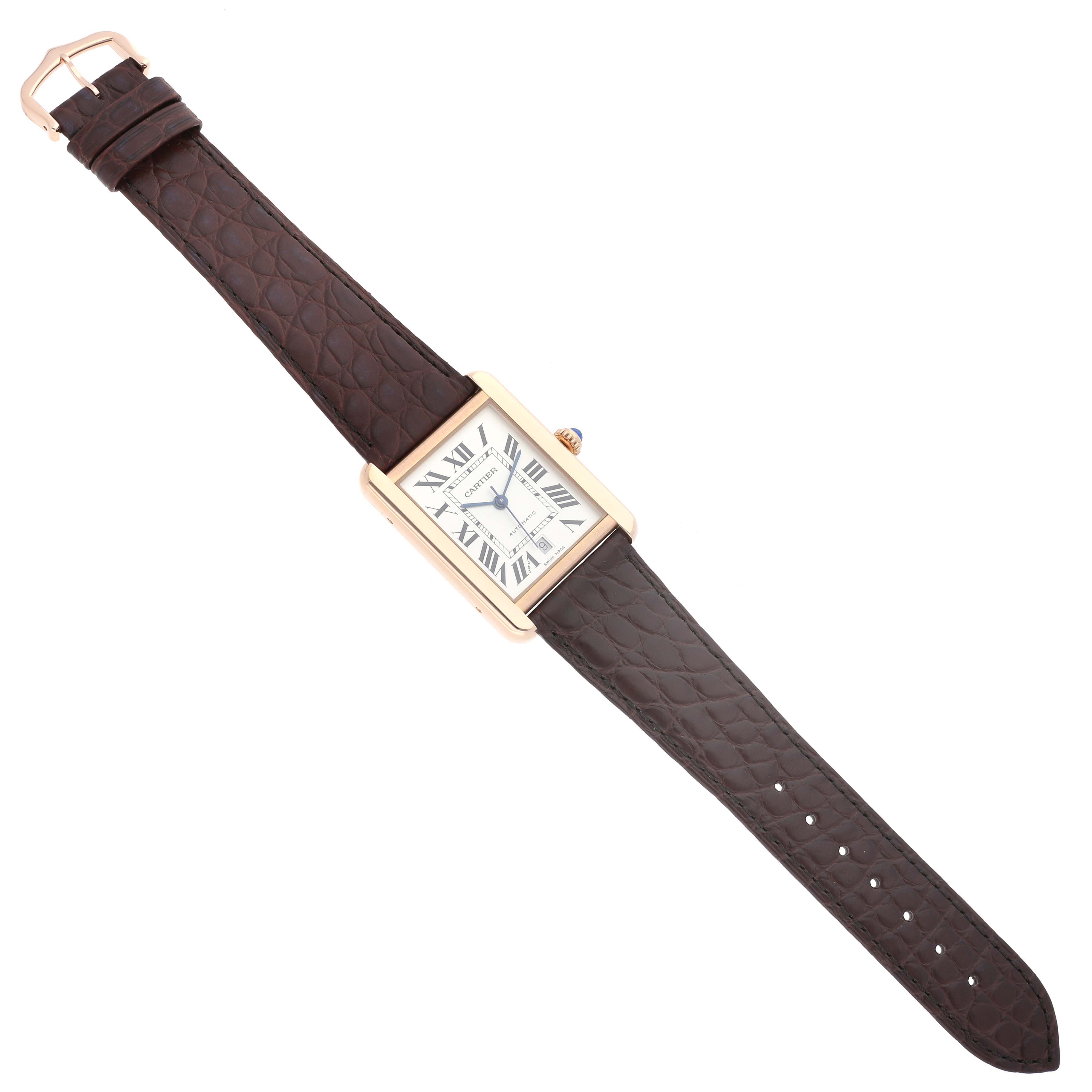 The Cartier Tank Solo W5200026 Men's Rose Gold Silver Dial W5200026 Men's Rose Gold Silver Dial watch is shown in a top-down view, highlighting the face, rectangular case, leather strap, and buckle.