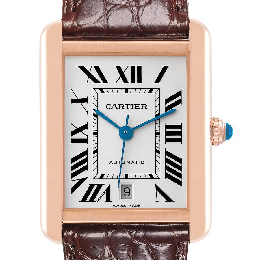 The Cartier Tank Solo watch is shown from a front angle, highlighting its face, rectangular case, and leather strap.