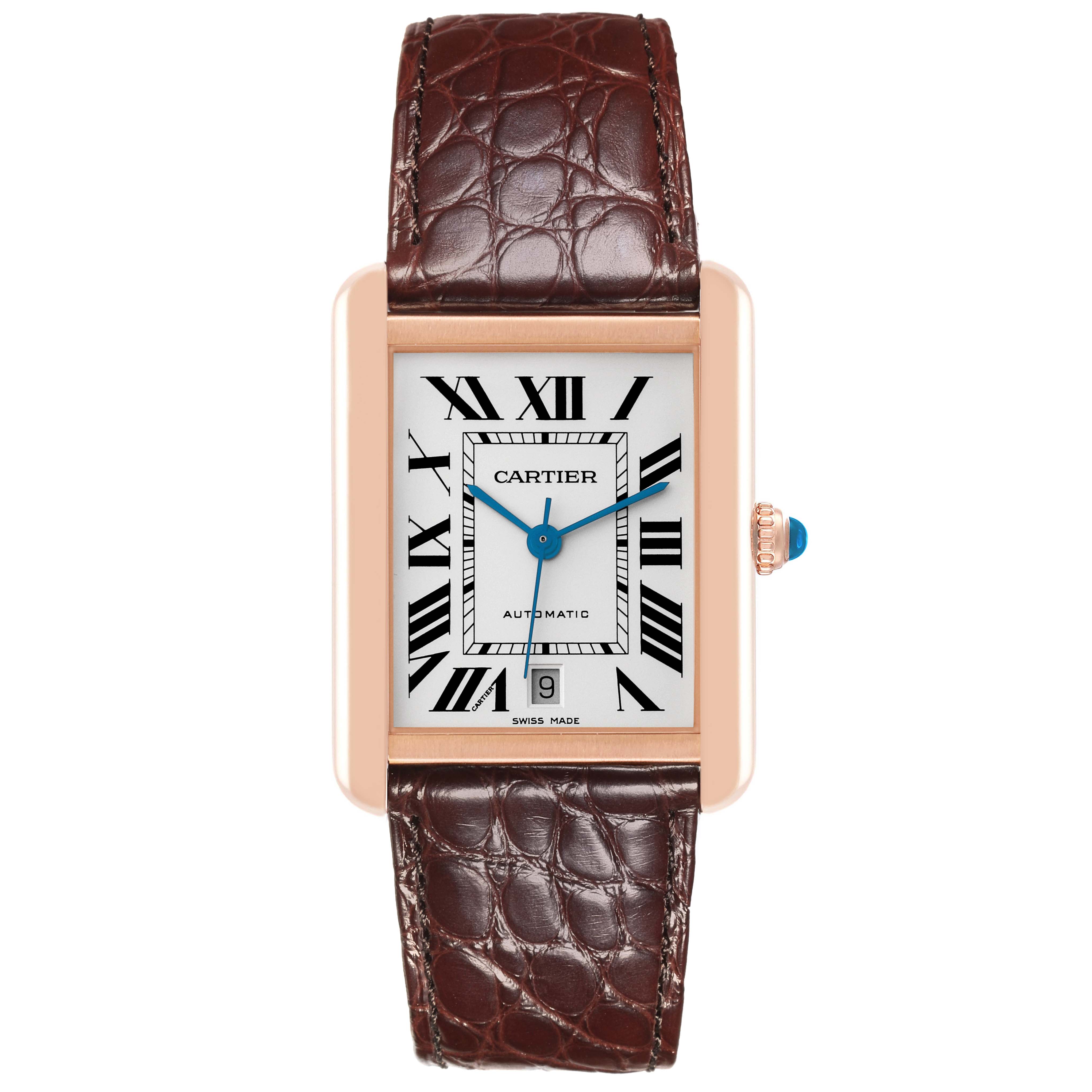 The Cartier Tank Solo W5200026 Men's Rose Gold Silver Dial W5200026 Men's Rose Gold Silver Dial watch is shown from the front, displaying its dial, strap, and crown.