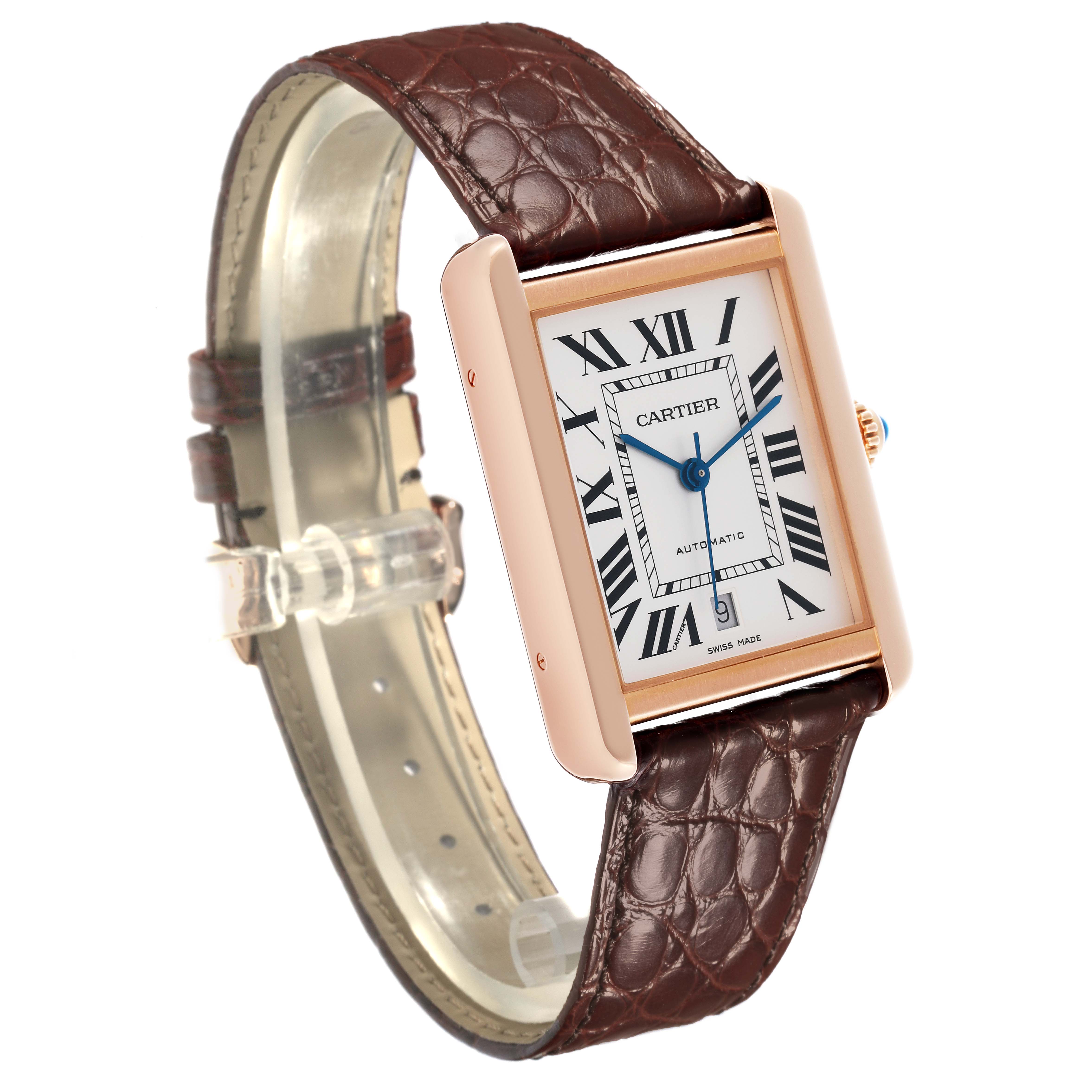 The image shows a Cartier Tank Solo W5200026 Men's Rose Gold Silver Dial W5200026 Men's Rose Gold Silver Dial watch at an angled view, displaying the face, leather strap, and crown.