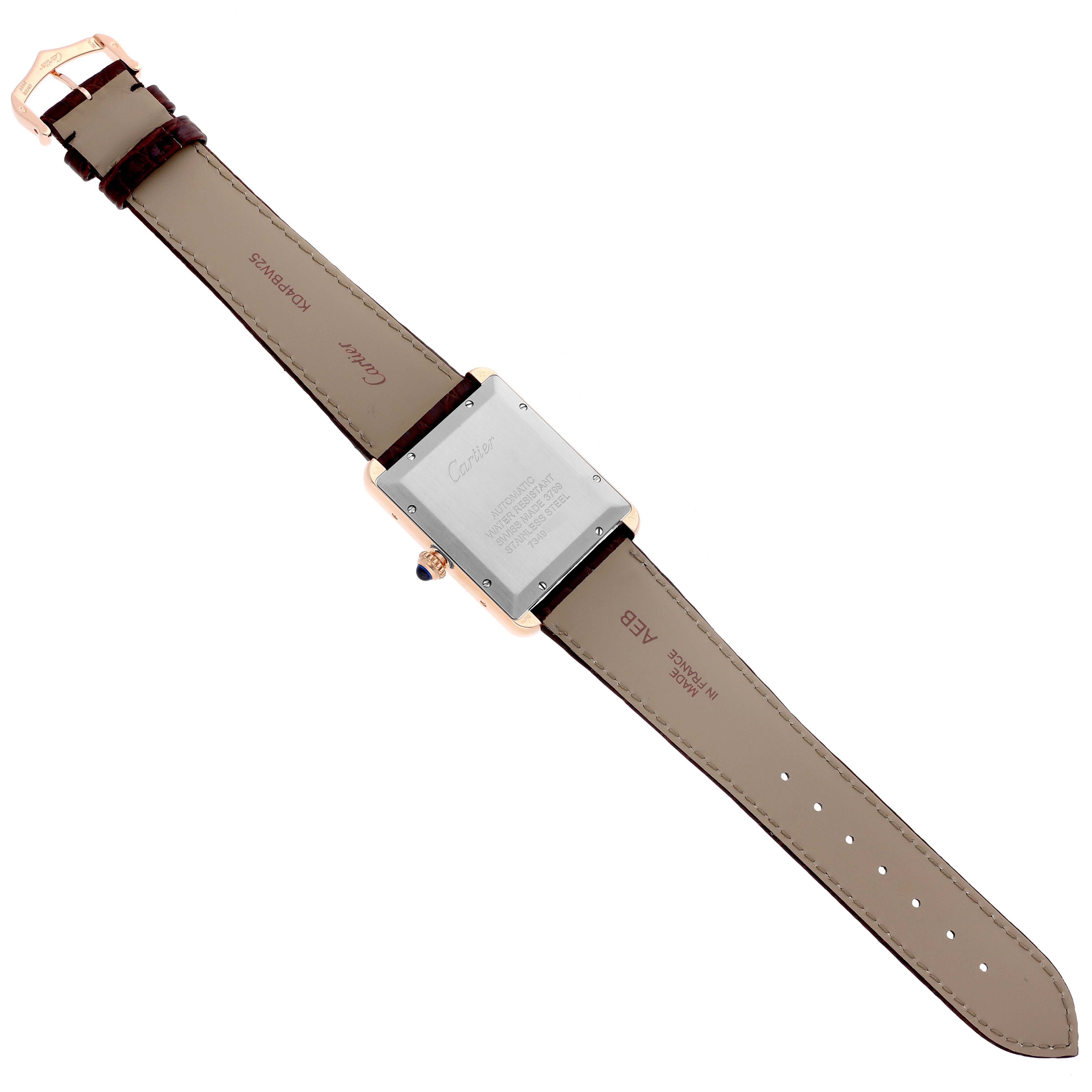 The image shows the back view of a Cartier Tank Solo W5200026 Men's Rose Gold Silver Dial W5200026 Men's Rose Gold Silver Dial watch, highlighting the case back and leather strap.