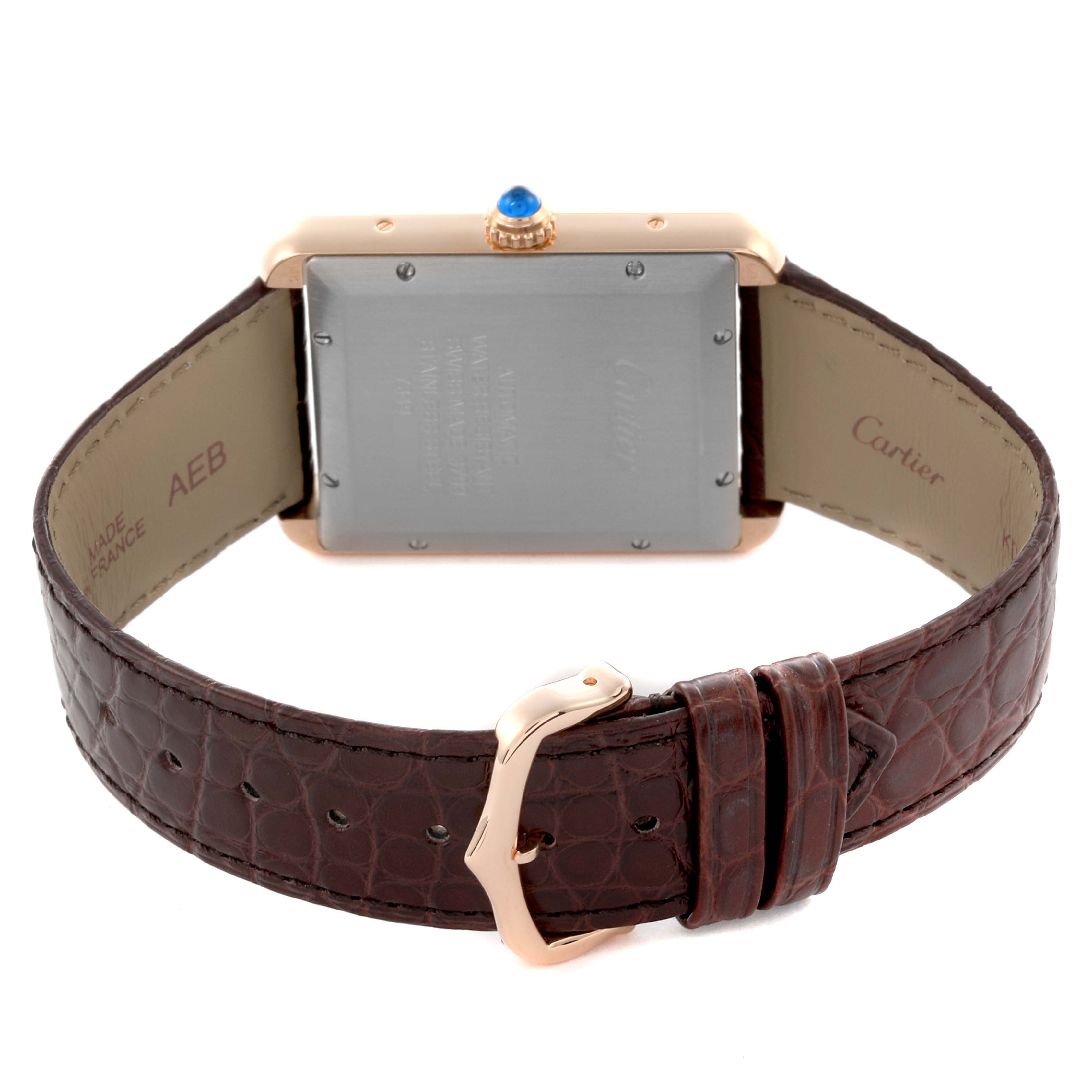 The image shows the back view of the Cartier Tank Solo W5200026 Men's Rose Gold Silver Dial W5200026 Men's Rose Gold Silver Dial watch, highlighting the case back and leather strap with buckle.